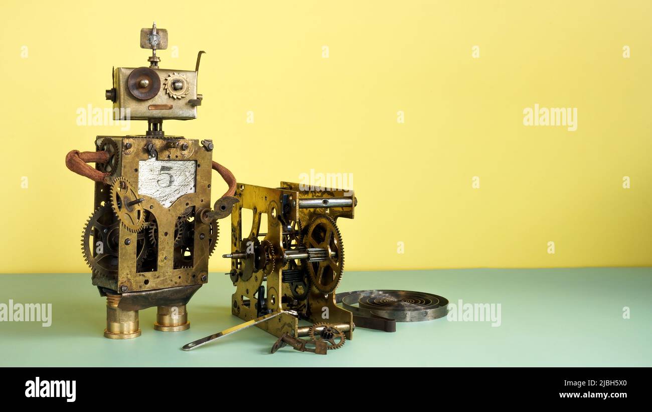 Der alte Roboter repariert den Mechanismus und den freien Platz. Stockfoto
