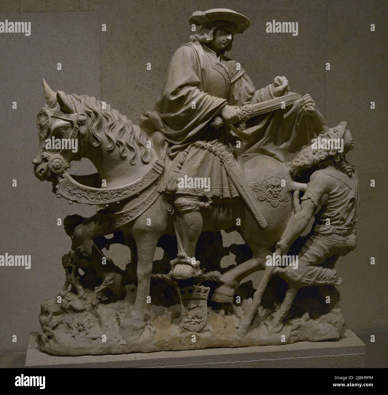 Auf dem Heiligen Martin reiten, der seinen Mantel mit einem Bettler teilt. Unbekannter Künstler, 1531. Loire-Tal (Frankreich). Calouste Gulbenkian Museum. Lissabon, Portugal. Stockfoto