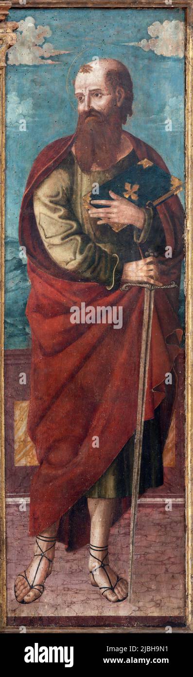 MIERA, ITALIEN - 8. MÄRZ 2022: Das Renaissance-Gemälde des Apostels Paulus in der Kirche Chiesa di San Pietro Caveoso von einem unbekannten Künstler. Stockfoto