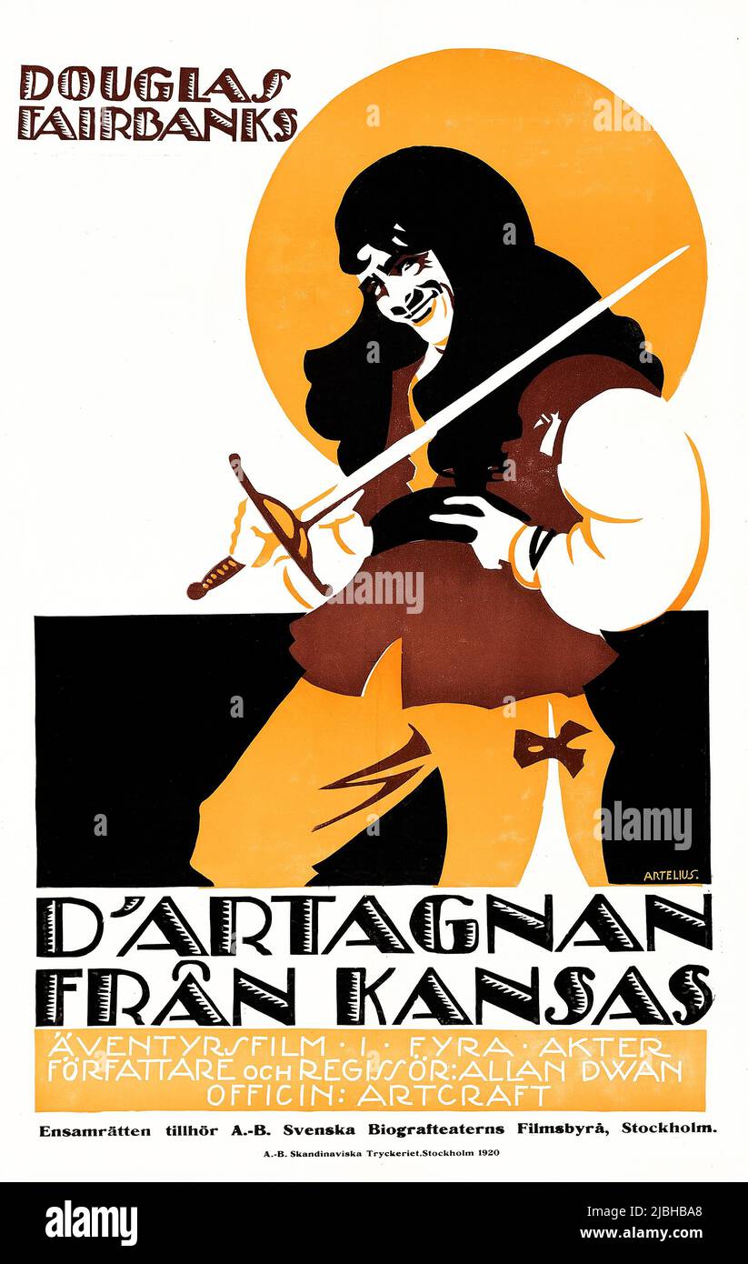 D'Artagnan från Kansas - Ein moderner Musketier (Artcraft, 1917). Schwedisches Filmplakat. Kunstwerke von Artelius. Douglas Fairbanks. Stockfoto