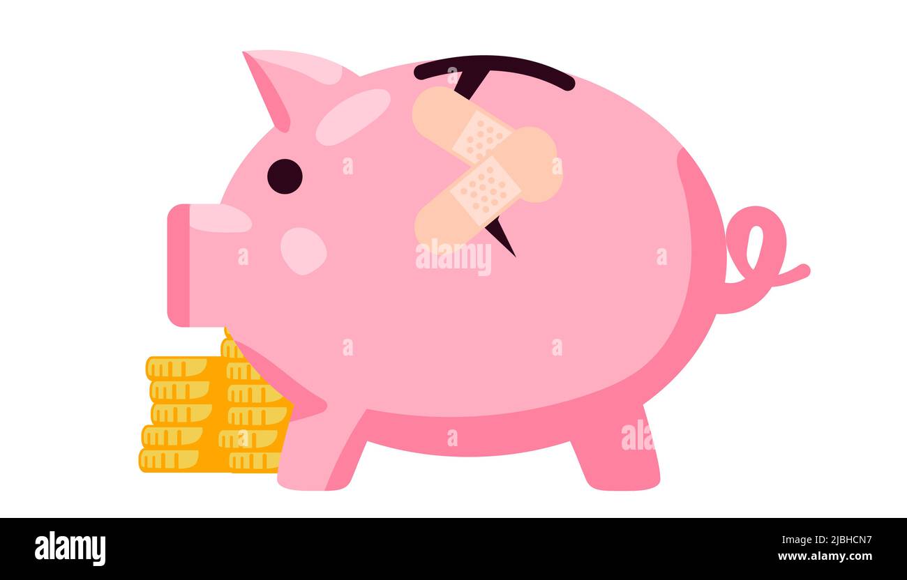 Broken Sparschwein mit Geld auf weißem Hintergrund Geld sparen und Bank Business Grafik Design wirtschaftliche Reparatur Konzept Recover Sparschwein Vektor Stock Vektor
