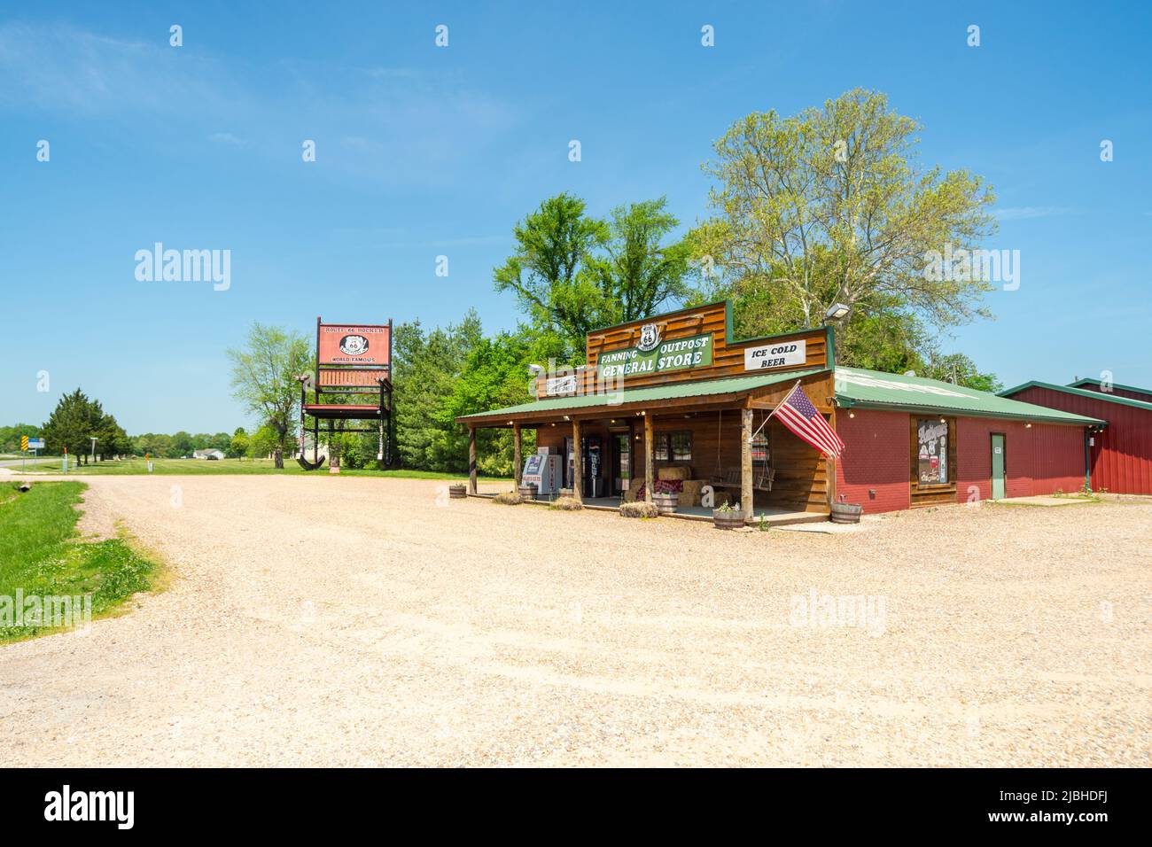 Weltberühmter Route 66 Rocker, Fanning Outpost und General Store, Fanning, Missouri MO, USA Stockfoto