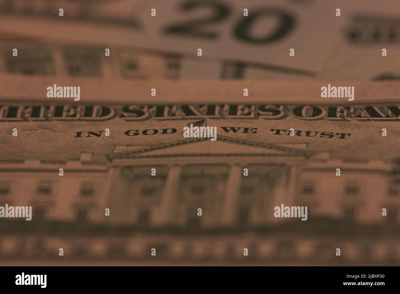 Makrobild von in God We Trust auf einem US-amerikanischen 20-Dollar-Schein. Stockfoto
