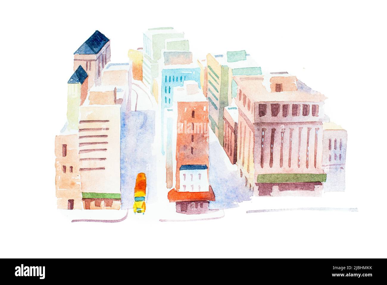 Draufsicht auf die Straße in einer großen Stadt, handgezeichnet mit Aquarellen. Stockfoto