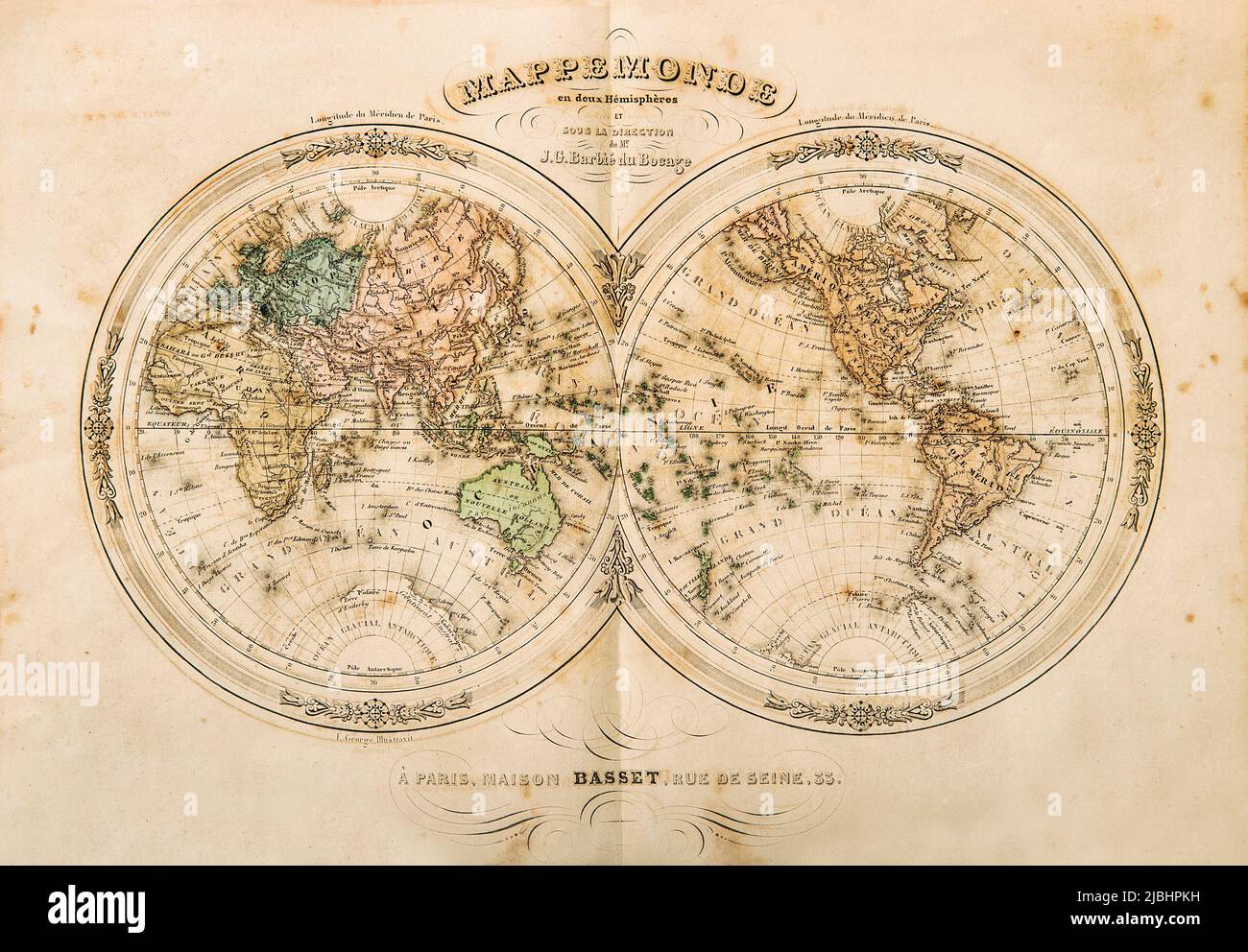 Antike Weltkarte. Alte vintage grungy Papier Hintergrund Stockfoto