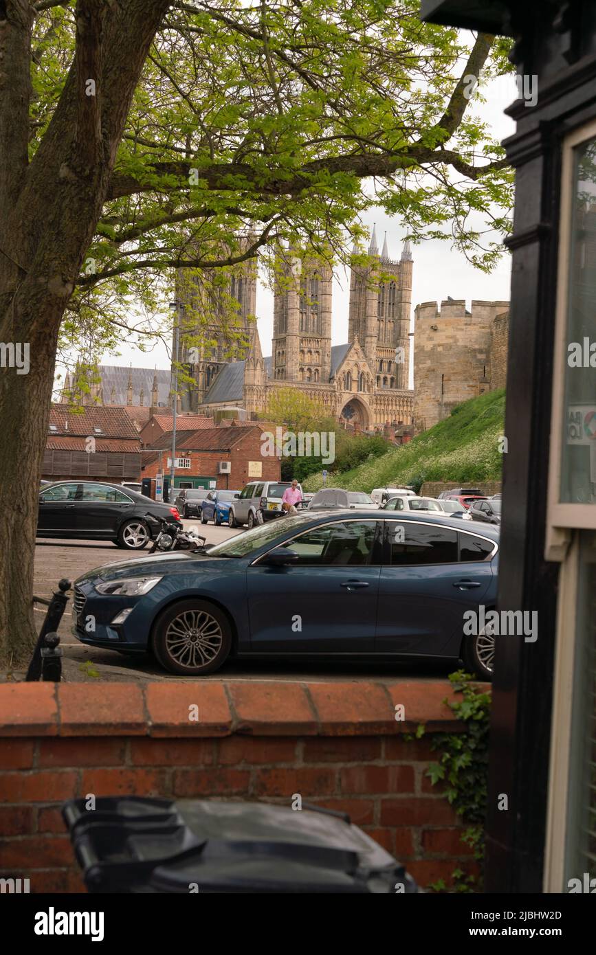 Lincoln Cathedral, Westgate, der berühmte Gelbe Bauch, Mauerwerk, Lincoln Imp, gotik, Gottesdienst, Religion, Kirche, Bailgate, Wasserturm, Typhus-Epidemie in der Stadt Stockfoto