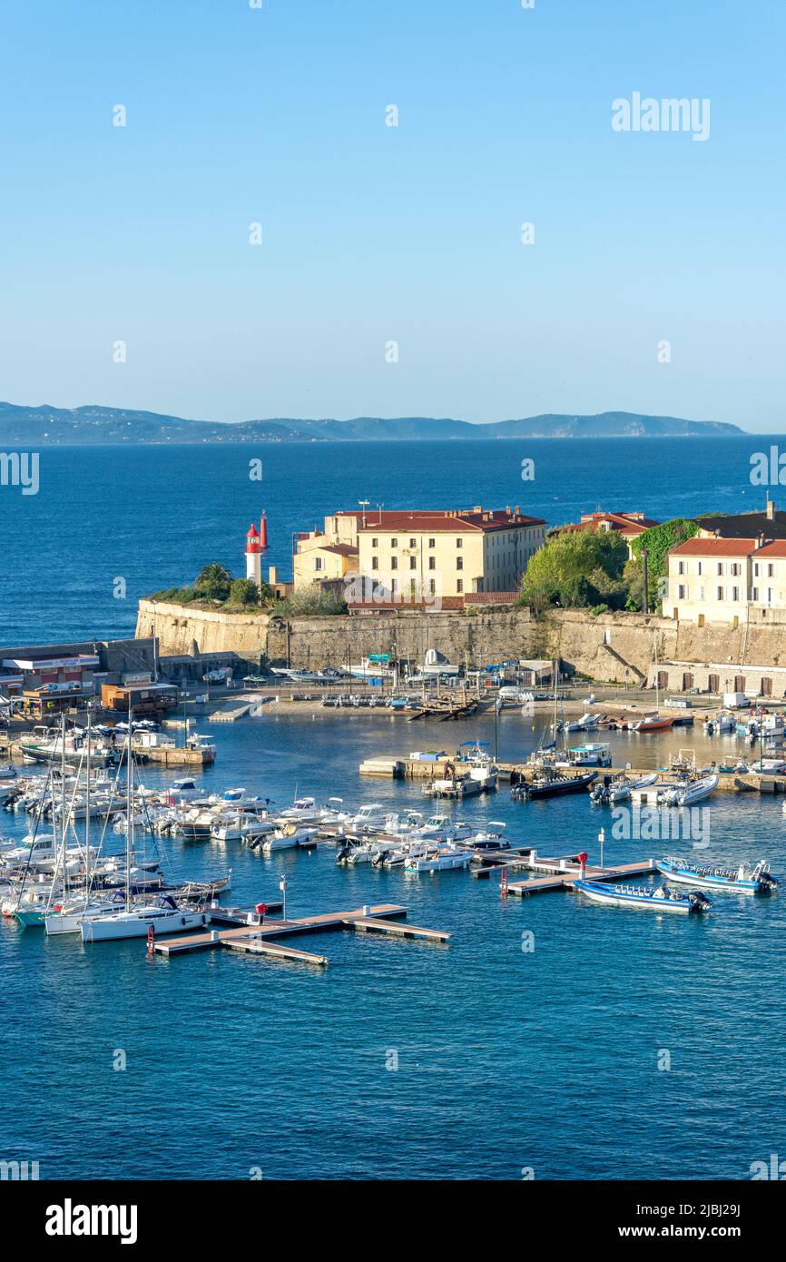 Altstadt und Yachthafen bei Sonnenaufgang, Ajacciu (Aiacciu), Korsika (Corse), Corse-du-Sud, Frankreich Stockfoto