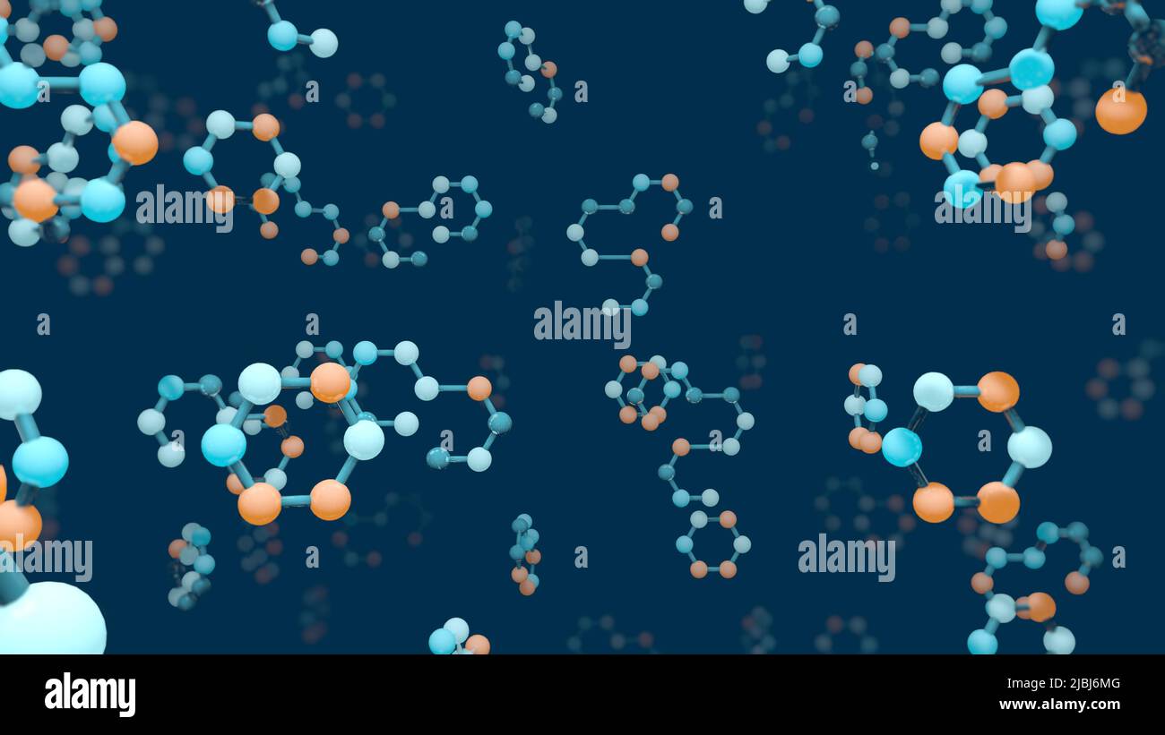 Gruppe von Molekülen mit einer Hexagon-Struktur mit blauen und orangefarbenen Kugeln, die zufällig auf einem dunkelblauen Hintergrund schweben. 3D Abbildung Stockfoto