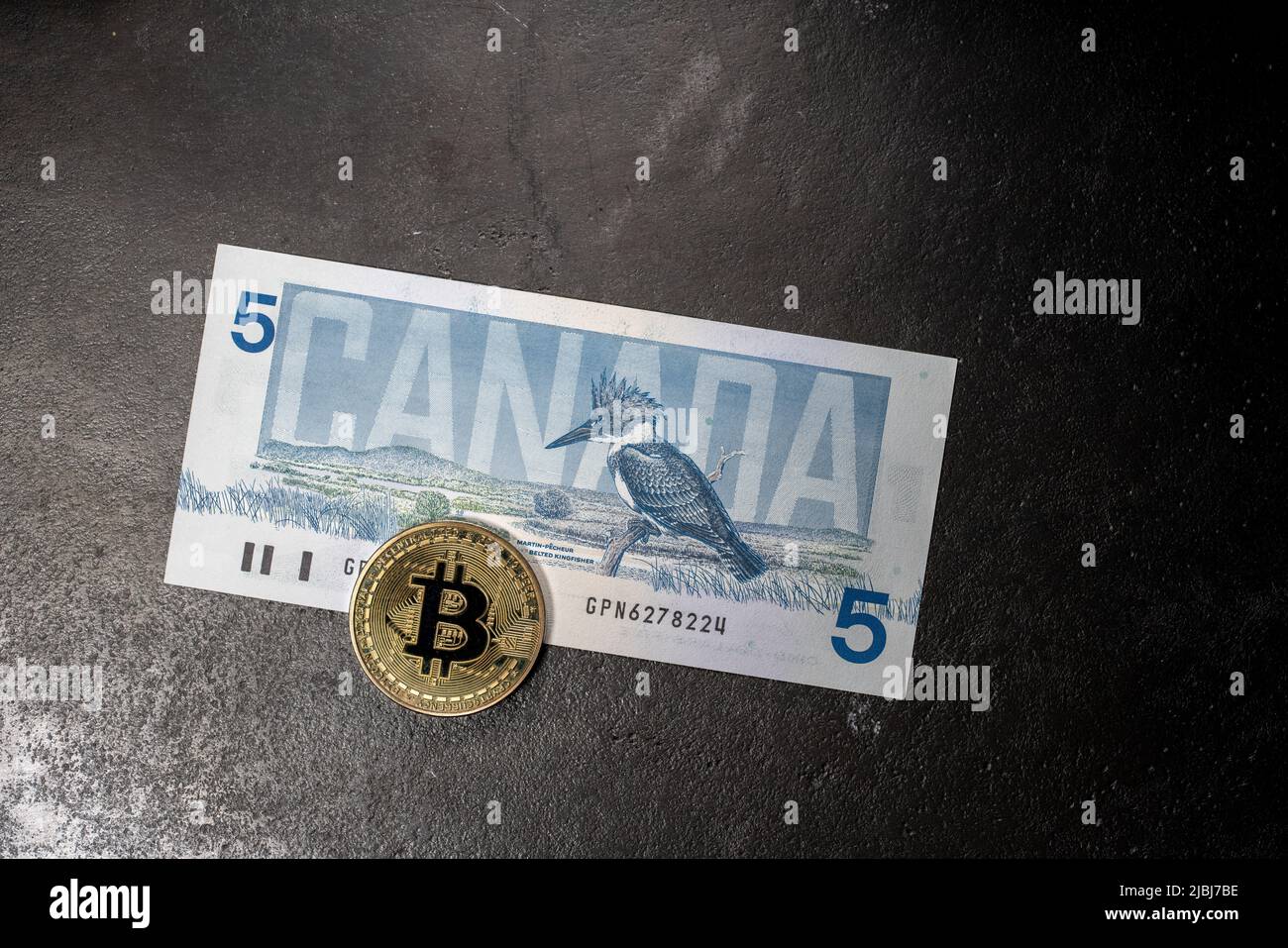 Toronto, Kanada - Oktober 30. 2021: Bird Series Canadian Dollar Banknote. Fünf CAD-Schein mit goldenem Bitcoin auf der Oberseite. Kryptowährungshandel in Kanada con Stockfoto