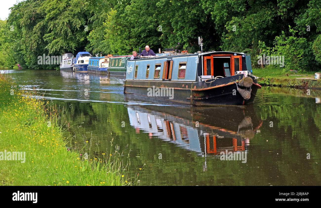 Kanalboote und Kahn, Segeln auf dem Bridgewater Kanal im Sommer, zwischen Lymm und Grappenhall, Cheshire, England, Großbritannien, WA4 Stockfoto