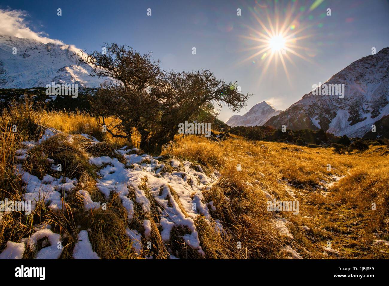 Sonnenflaue, Kugeln und Herbstfarben mit einer Prise frühen Winterschnees im Aoraki Mount Cook National Park Stockfoto