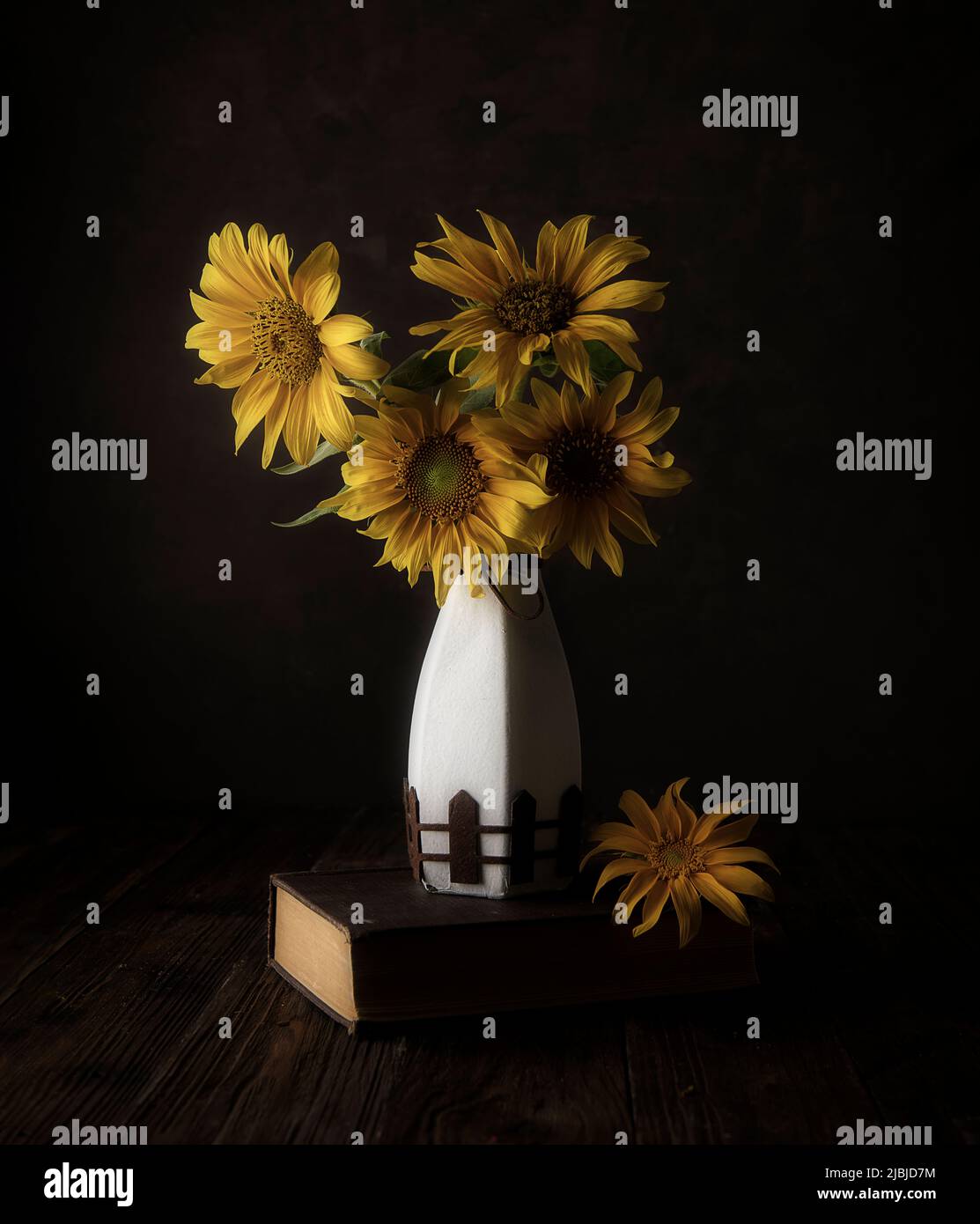 Sonnenblumen Stillleben Fotografie mit Vase usint ein Licht zu fotografieren in dunkler Stimmung Stockfoto
