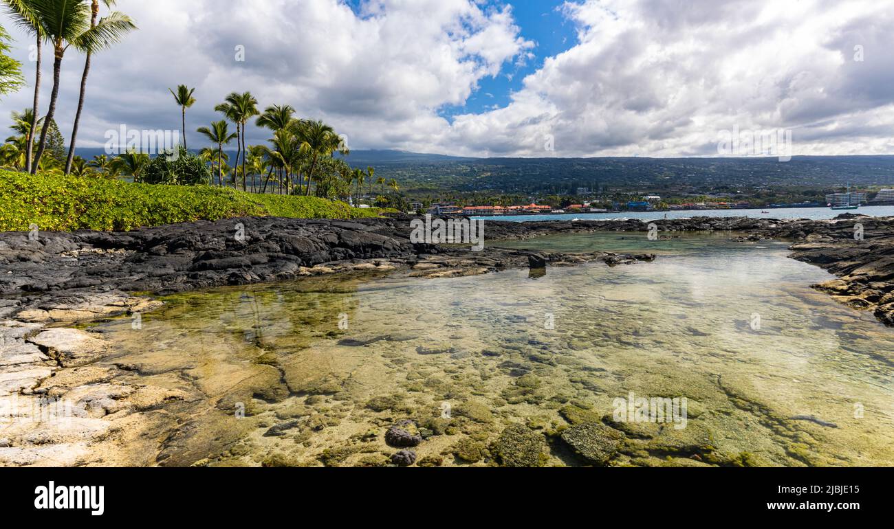 Gezeitentümpel an der vulkanischen Küste von Keiki Beach, Kailua-Kona, Hawaii Island, Hawaii, USA Stockfoto