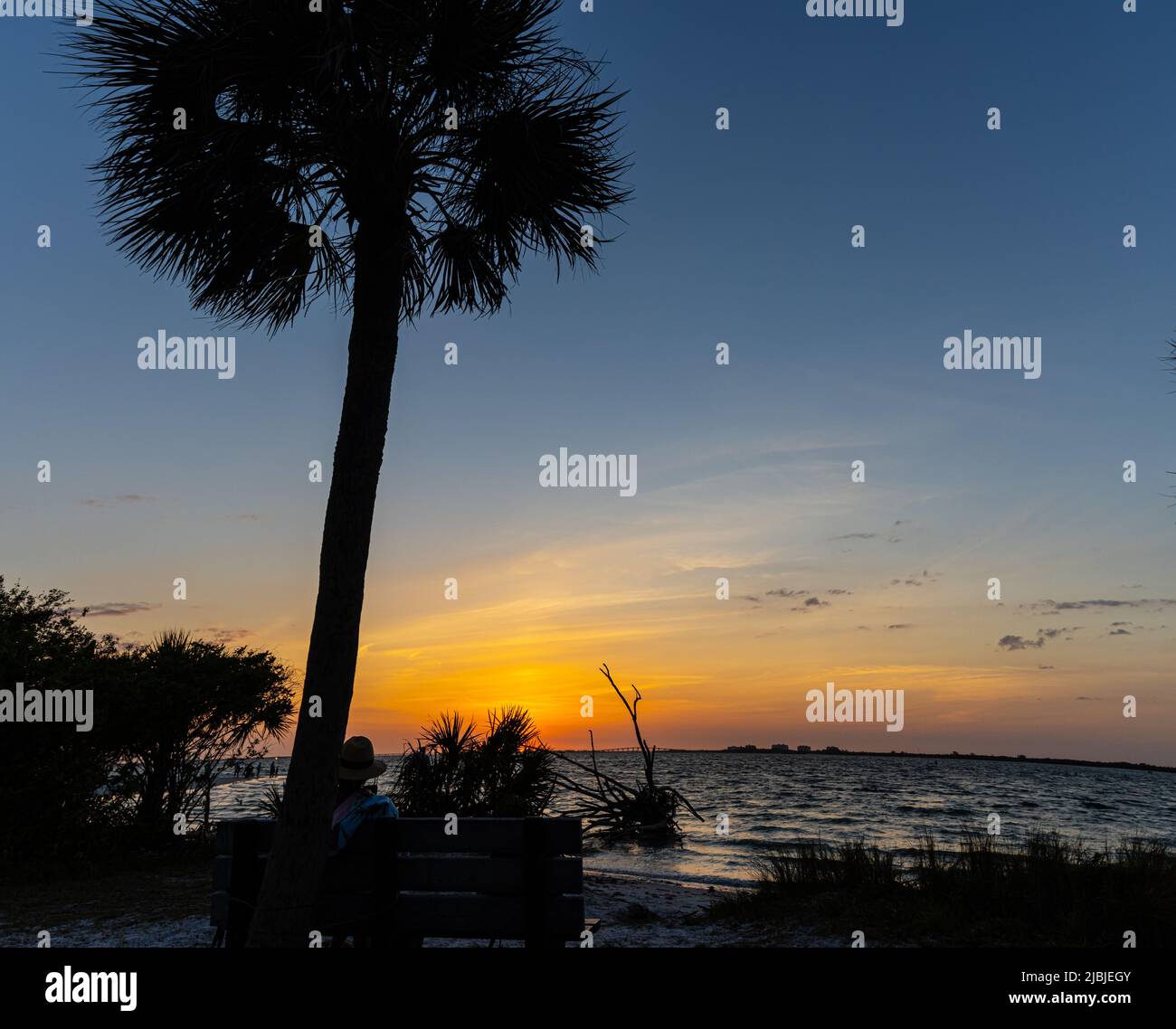 Frau sitzt auf der Bank und beobachtet den Sonnenuntergang am Bowditch Point, Fort Myers Beach, Florida, USA Stockfoto