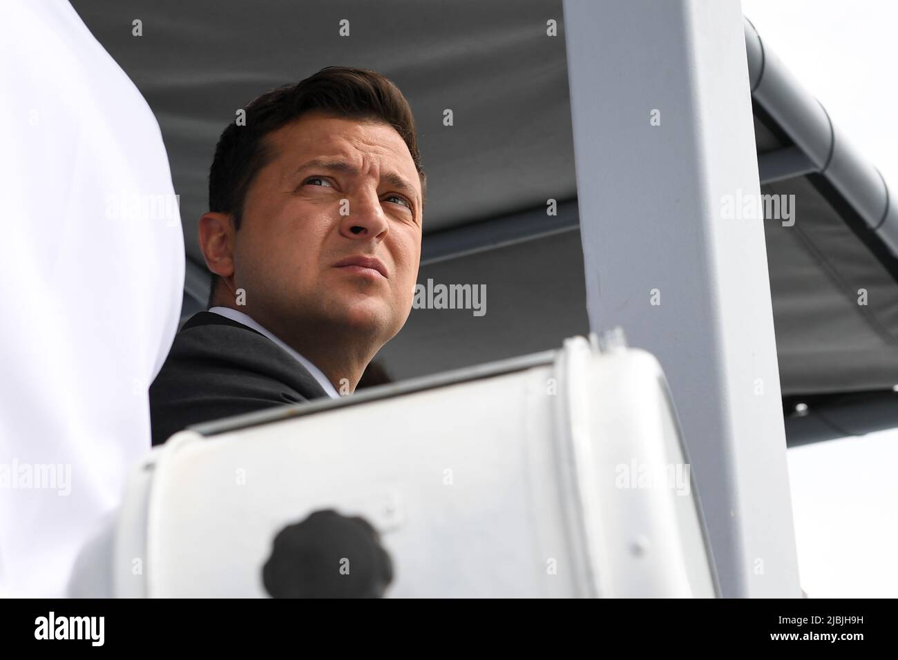 Der ukrainische Präsident Wolodymyr Zelensky in Odessa, Ukraine, während der Übung Sea Breeze 2021 am 4. Juli 2021. Stockfoto