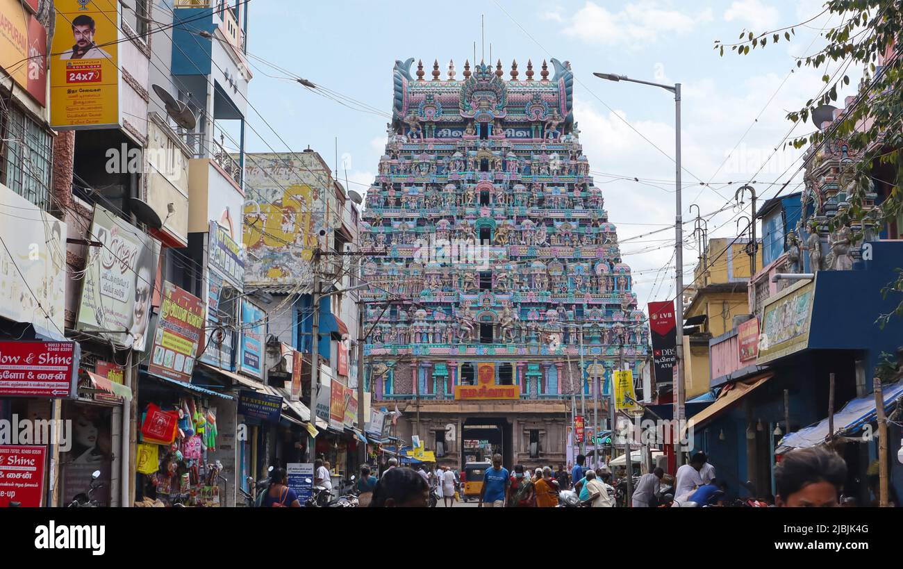 Southern Third Gopuram of Sri Ranganathaswamy Temple, Srirangam, Trichy, Tamil Nadu, Indien Stockfoto