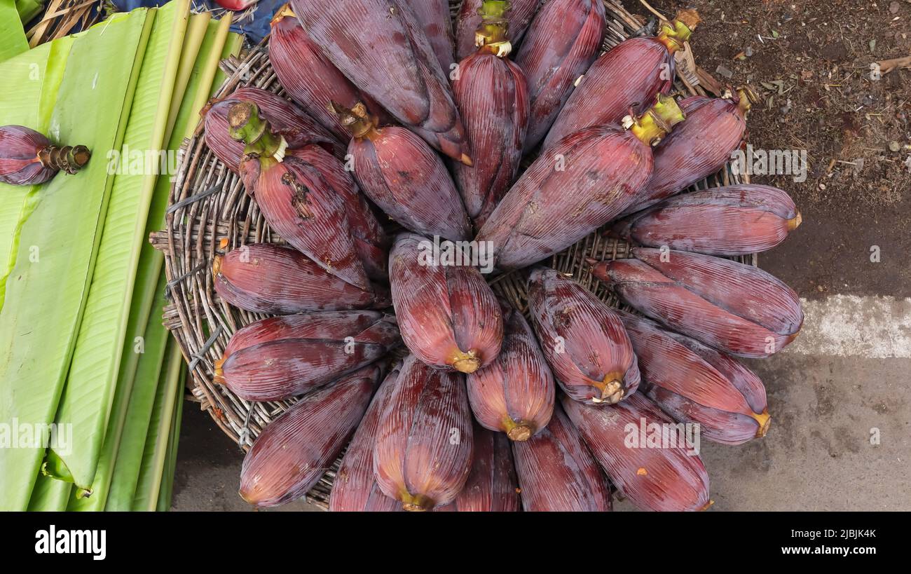 Verkäufer der Bananenblüten auf dem Markt von Trichy, Tamilnadu, Indien. Stockfoto