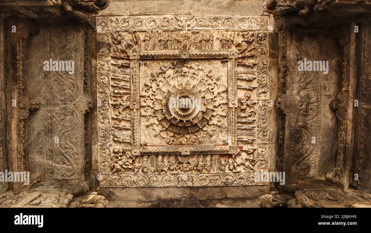 Geschnitztes Design des Vellore Fort Temple, Vellore, Tamilnadu, Indien. Stockfoto