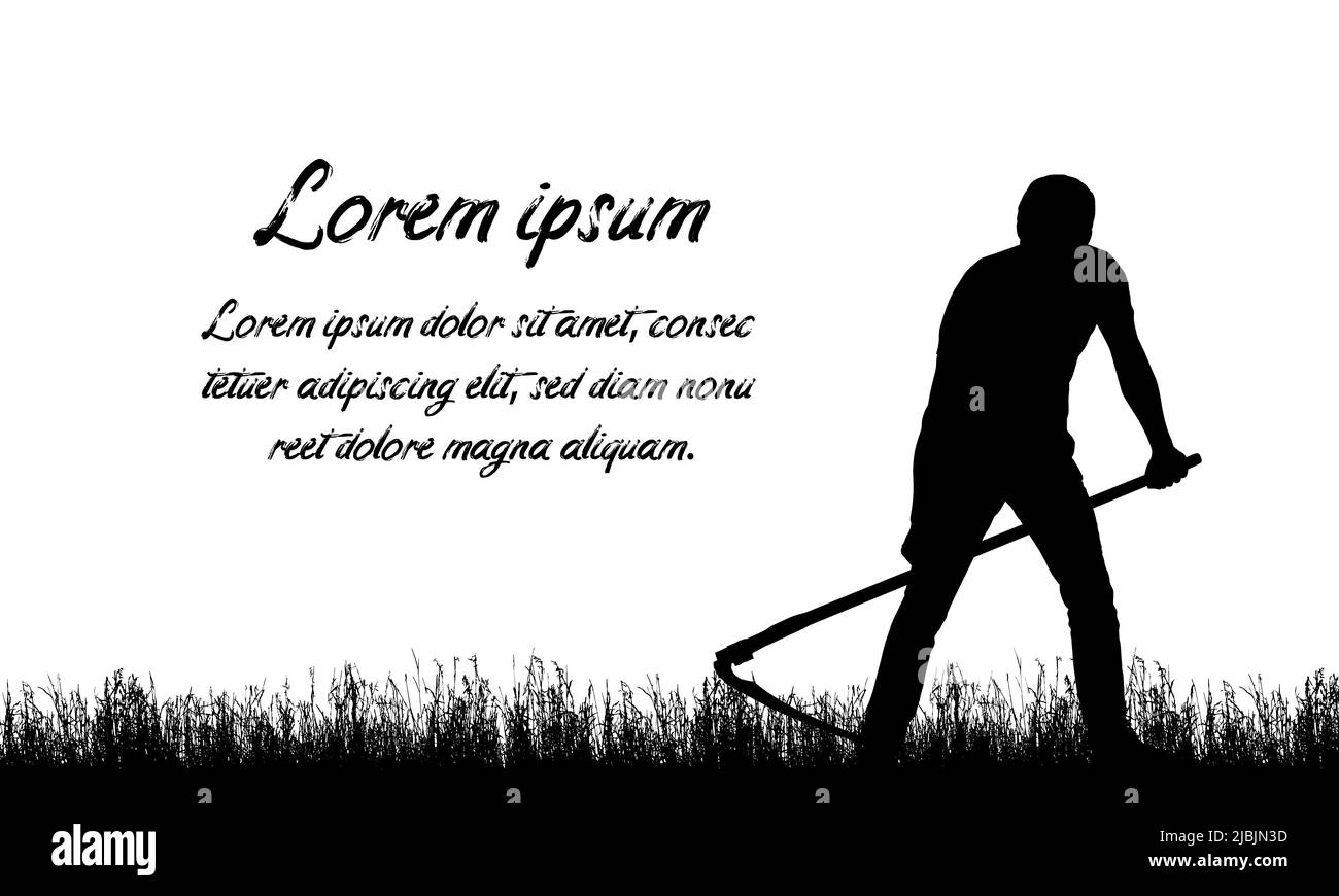 Schwarz-weiße Silhouette eines Mannes, der das Gras oder den Rasen mit einer Sense mäht, mit Platz für Ihren Text - Vektor Stock Vektor