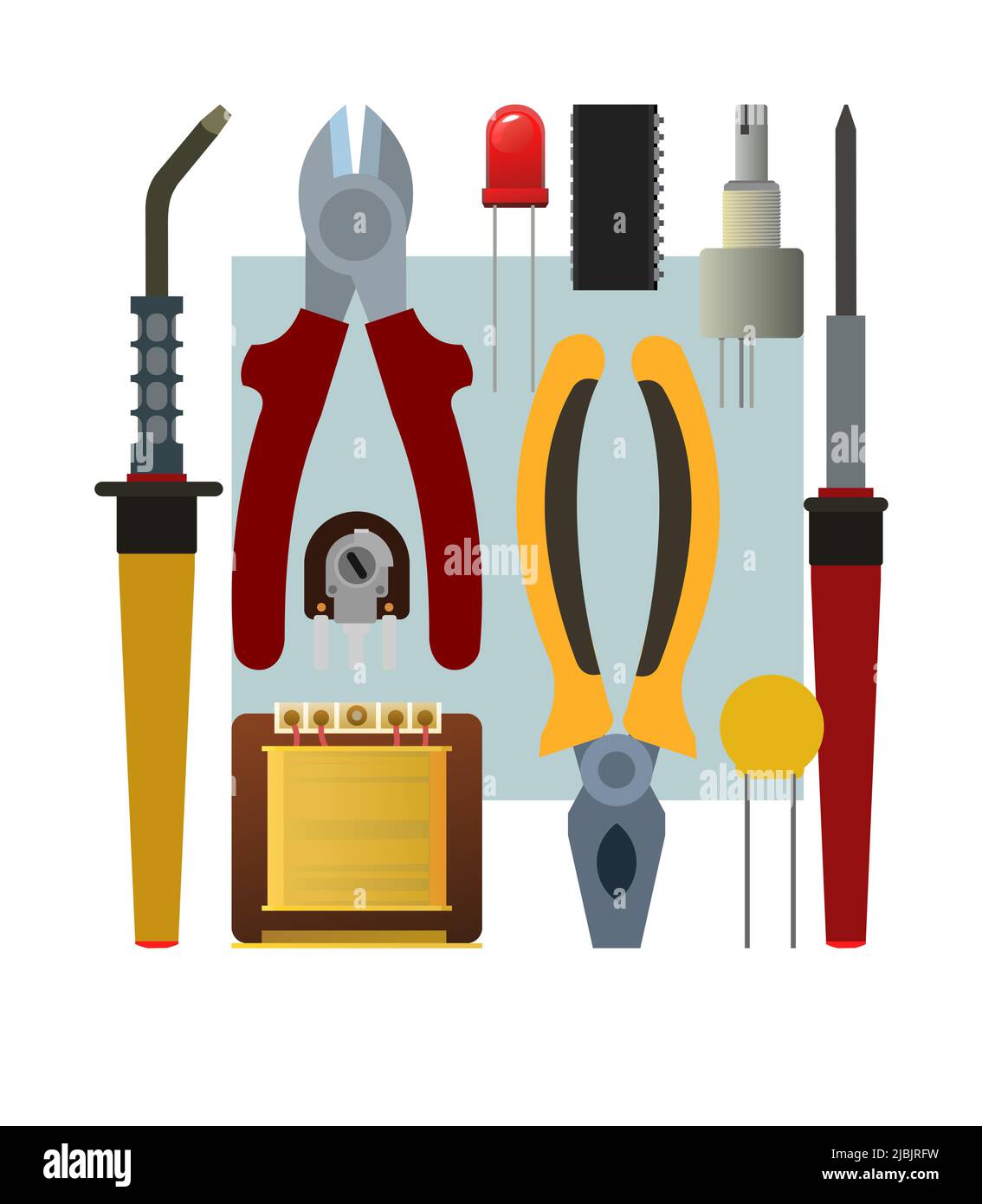 Werkzeuge für Elektriker. Reparatur von Funkelektronik und Mikroprozessoranlagen. Ersatzteile, Komponenten und Service. Isoliert auf weißem Hintergrund Stock Vektor