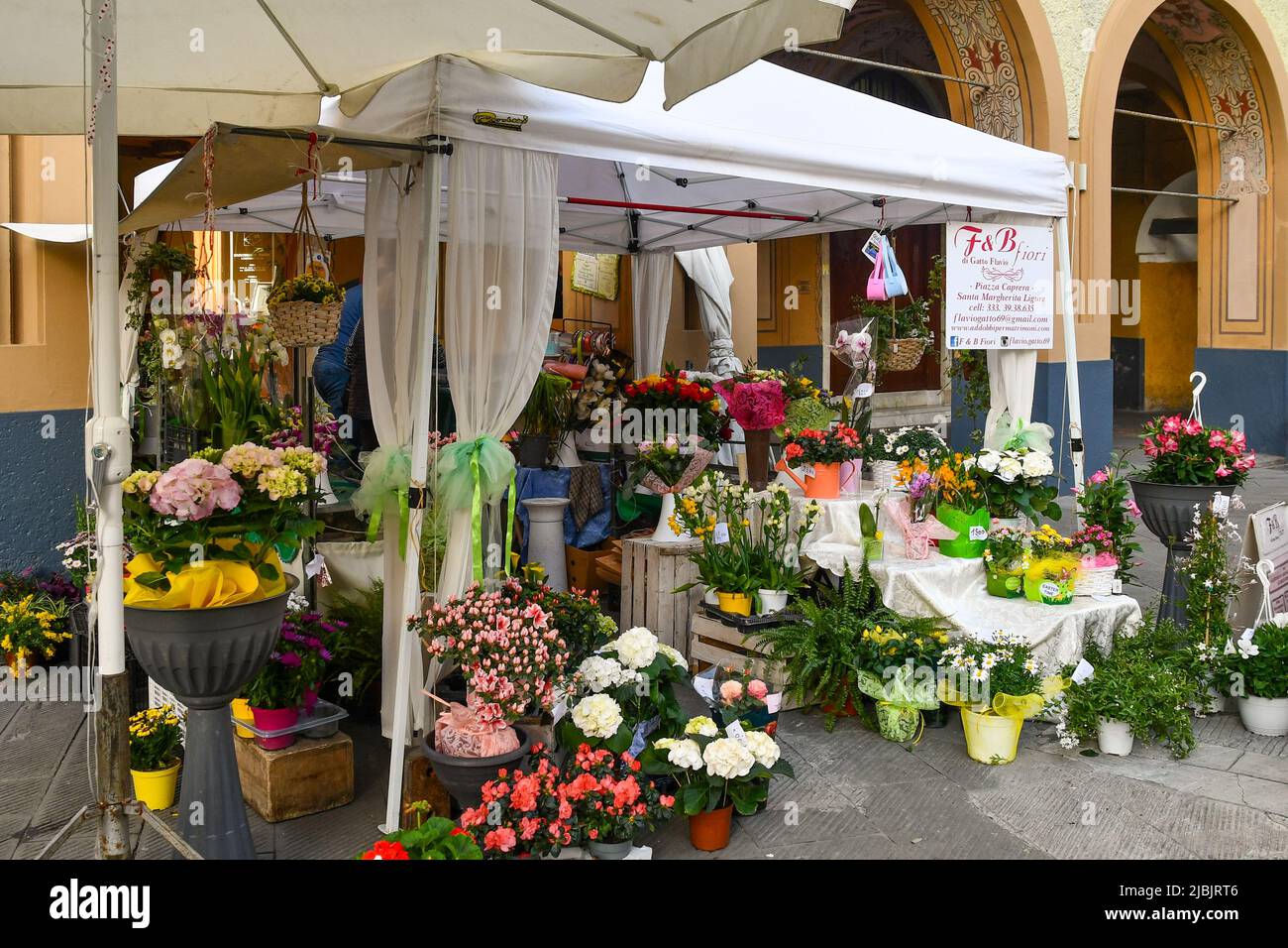 Blumenstand vor den mit Fresken verzierten Veranden auf der Piazza Caprera, dem Hauptplatz des alten Fischerdorfes Santa Margherita Ligure, Genua, Ligurien Stockfoto