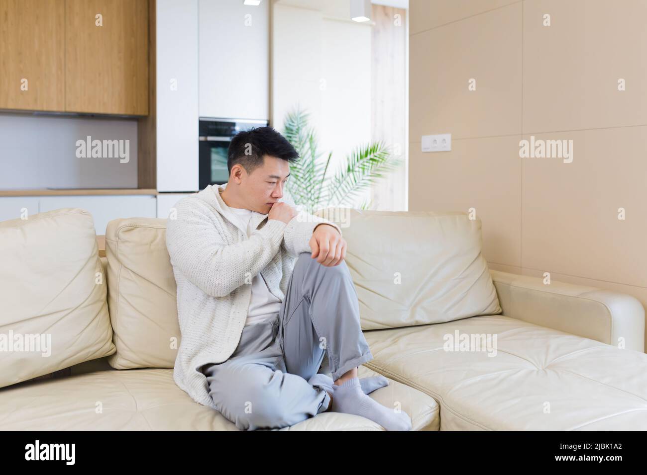 Gelangweilte Freunde junger asiatischer Mann, der allein zu Hause auf dem Sofa sitzt. Vermisst Mann sitzt auf der Couch in der Wohnung. Einsamer Kerl im Wohnzimmer. Ich hatte mir Sorgen gemacht Stockfoto