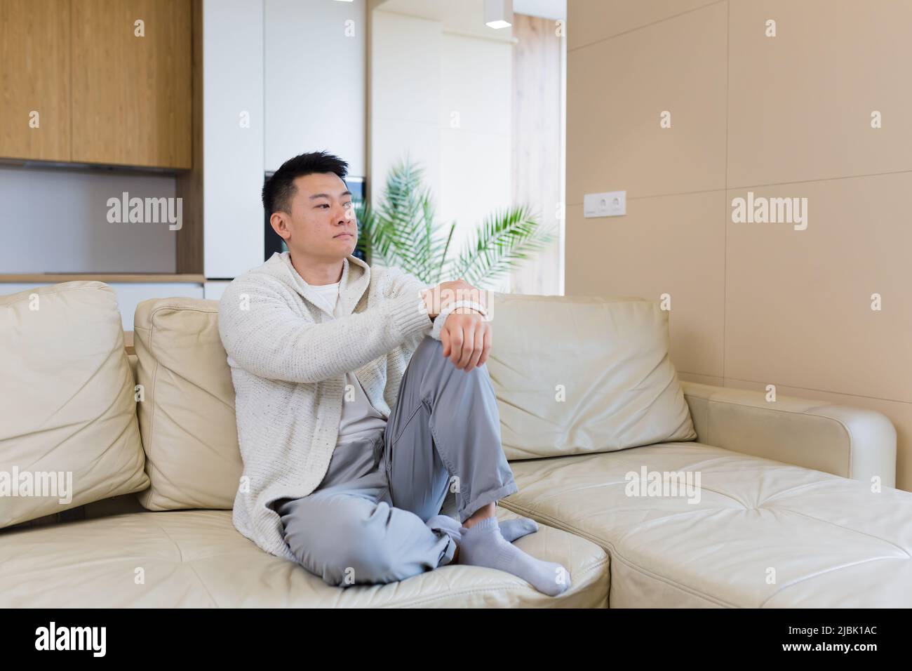 Gelangweilte Freunde junger asiatischer Mann, der allein zu Hause auf dem Sofa sitzt. Vermisst Mann sitzt auf der Couch in der Wohnung. Einsamer Kerl im Wohnzimmer. Ich hatte mir Sorgen gemacht Stockfoto