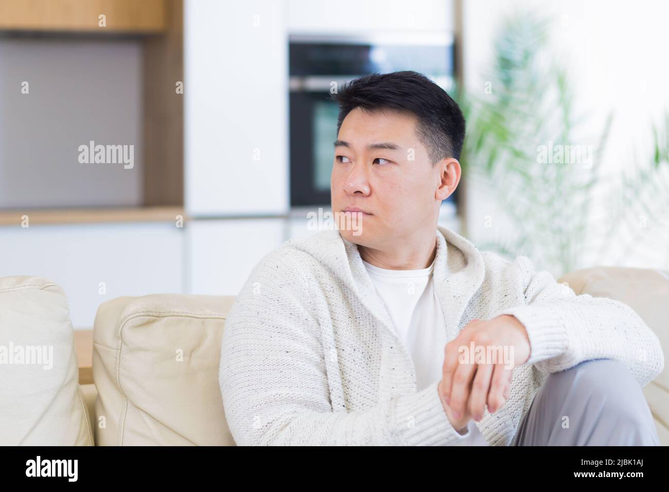 Gelangweilte Freunde junger asiatischer Mann, der allein zu Hause auf dem Sofa sitzt. Vermisst Mann sitzt auf der Couch in der Wohnung. Einsamer Kerl im Wohnzimmer. Ich hatte mir Sorgen gemacht Stockfoto