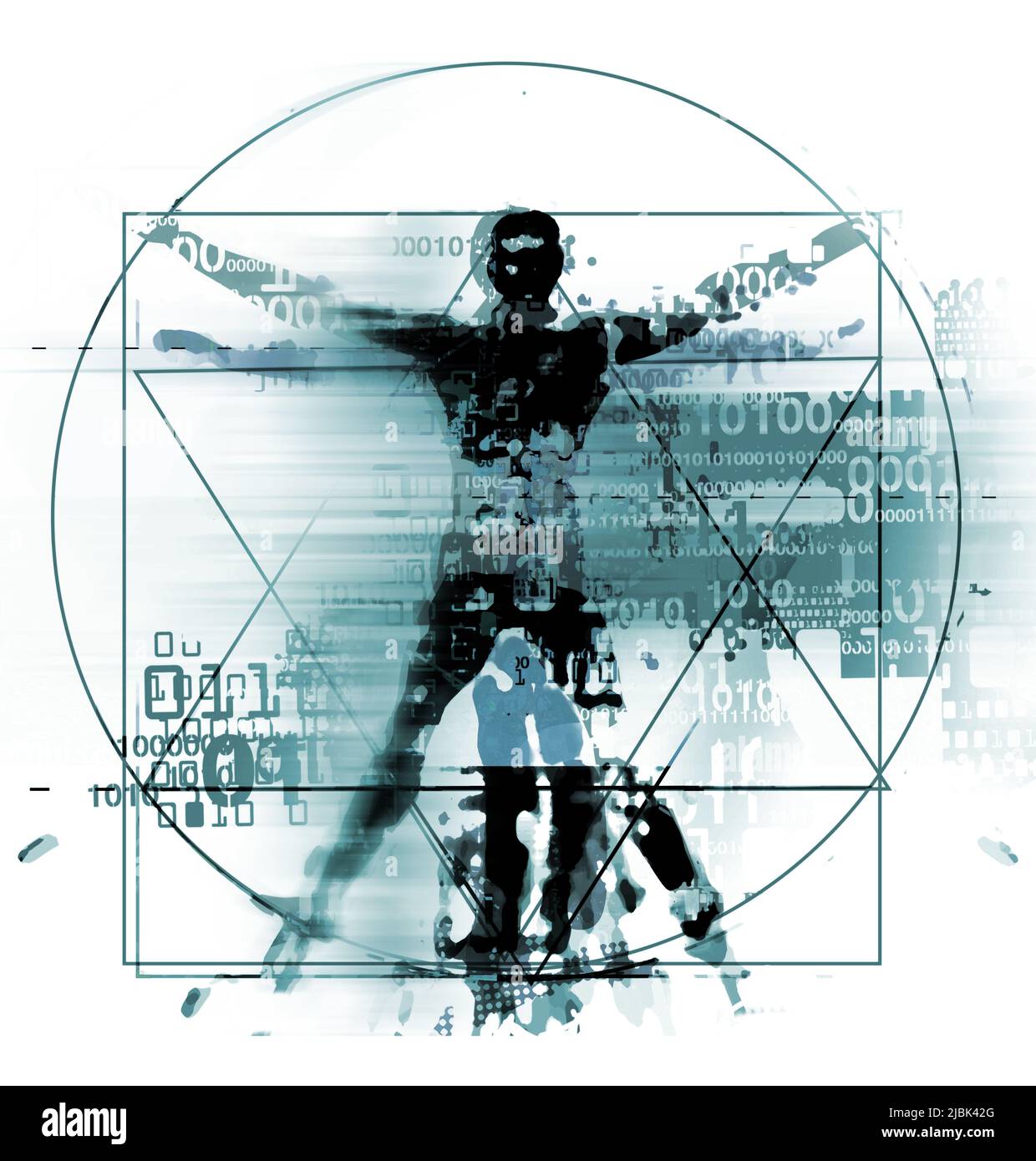Vitruvianischer Mann im digitalen Zeitalter, blauer Hintergrund. Illustration von vitruvian Mann mit einem binären Codes symbolisiert digitales Zeitalter. Futuristisches Konzept. Stockfoto
