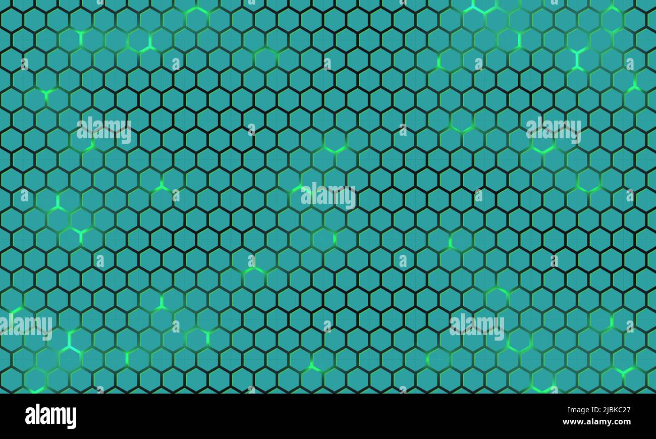 Grüner sechseckiger Technologie abstrakter Vektor-Hintergrund mit grünen neonfarbenen hellen Blitzen unter Sechseck. Türkisfarbener sechseckiger Spielevektor, abstrakt Stock Vektor