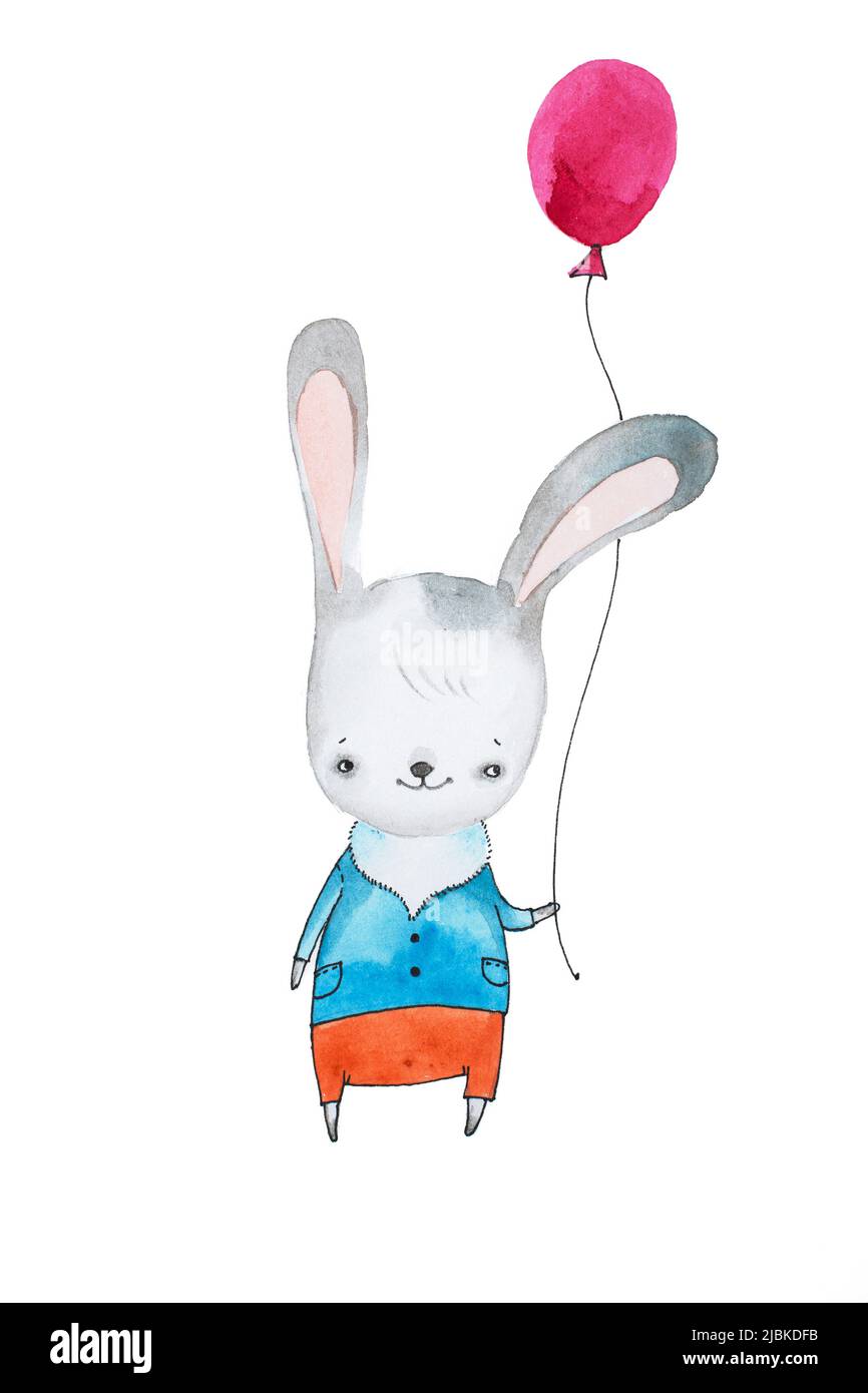 Handgezeichneter Cartoon-Hase in Hose und Hemd mit Ballon isoliert auf weißem Hintergrund. Stockfoto