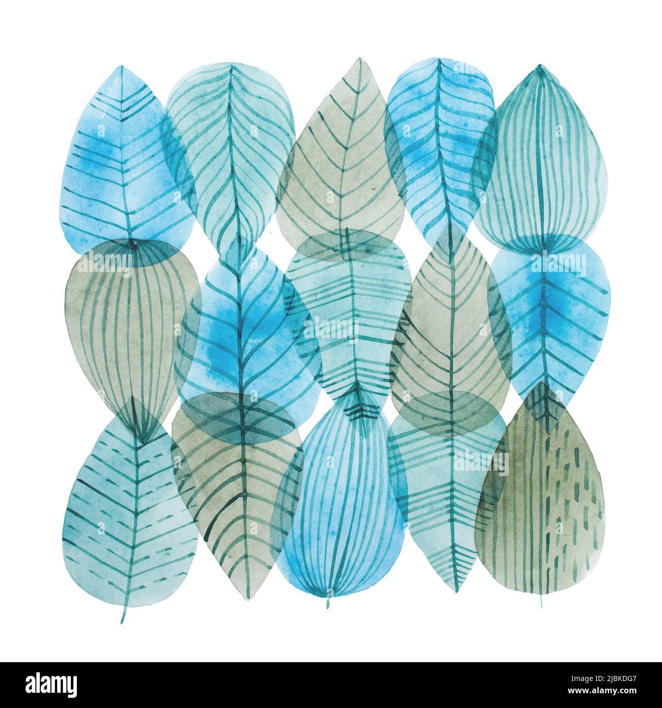 Aquarelle Illustration überlappender Blätter mit cooler Farbkombination gezeichnet Stockfoto