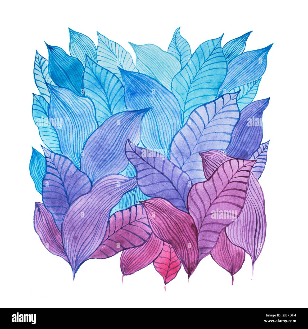 Aquarelle Illustration überlappender Blätter mit cooler Farbkombination gezeichnet. Stockfoto