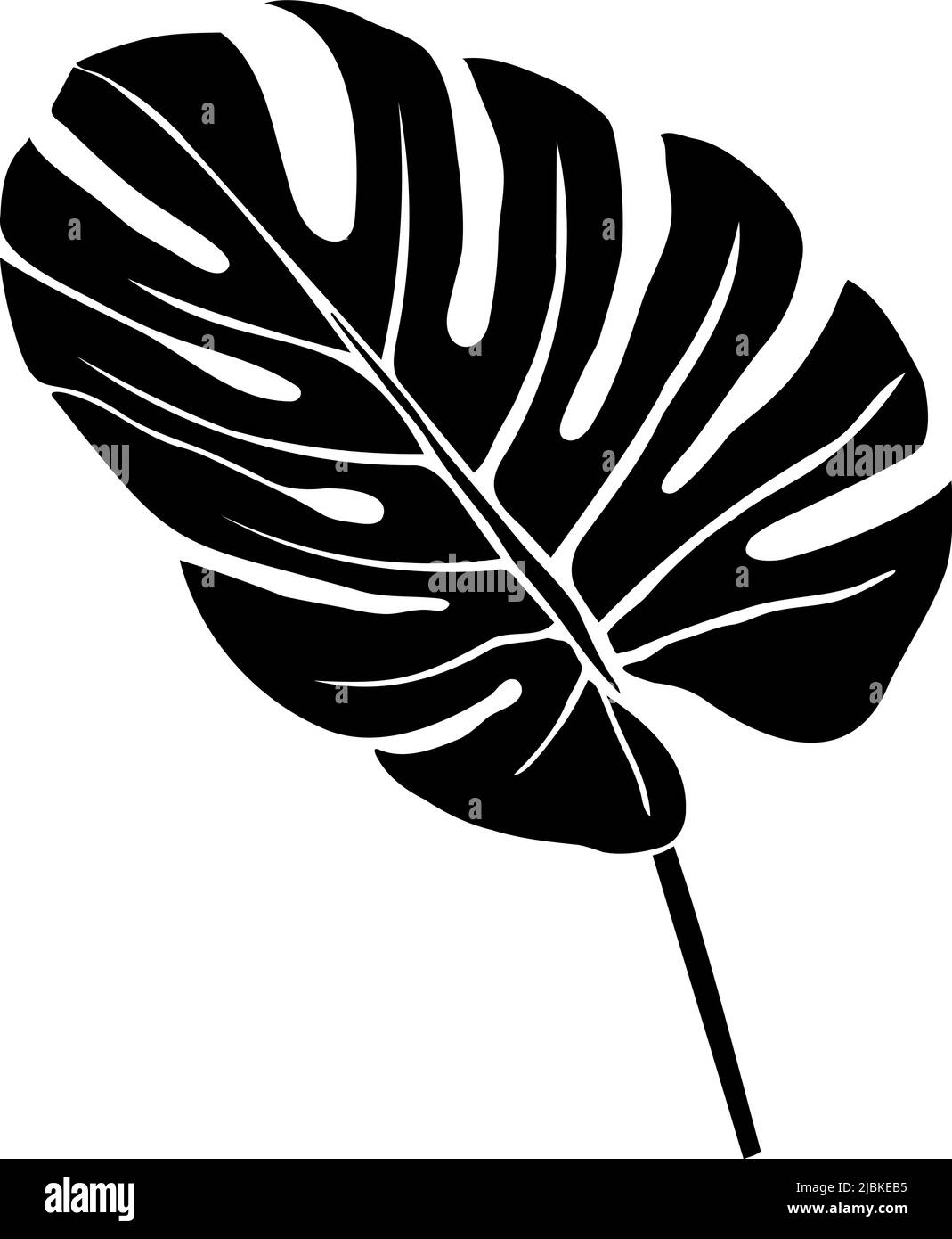 Monstera oder Palmblatt isolierte Silhouette. Schwarzes Blatt der Pflanze isoliert auf weißem Hintergrund. Vektorgrafik. Stock Vektor