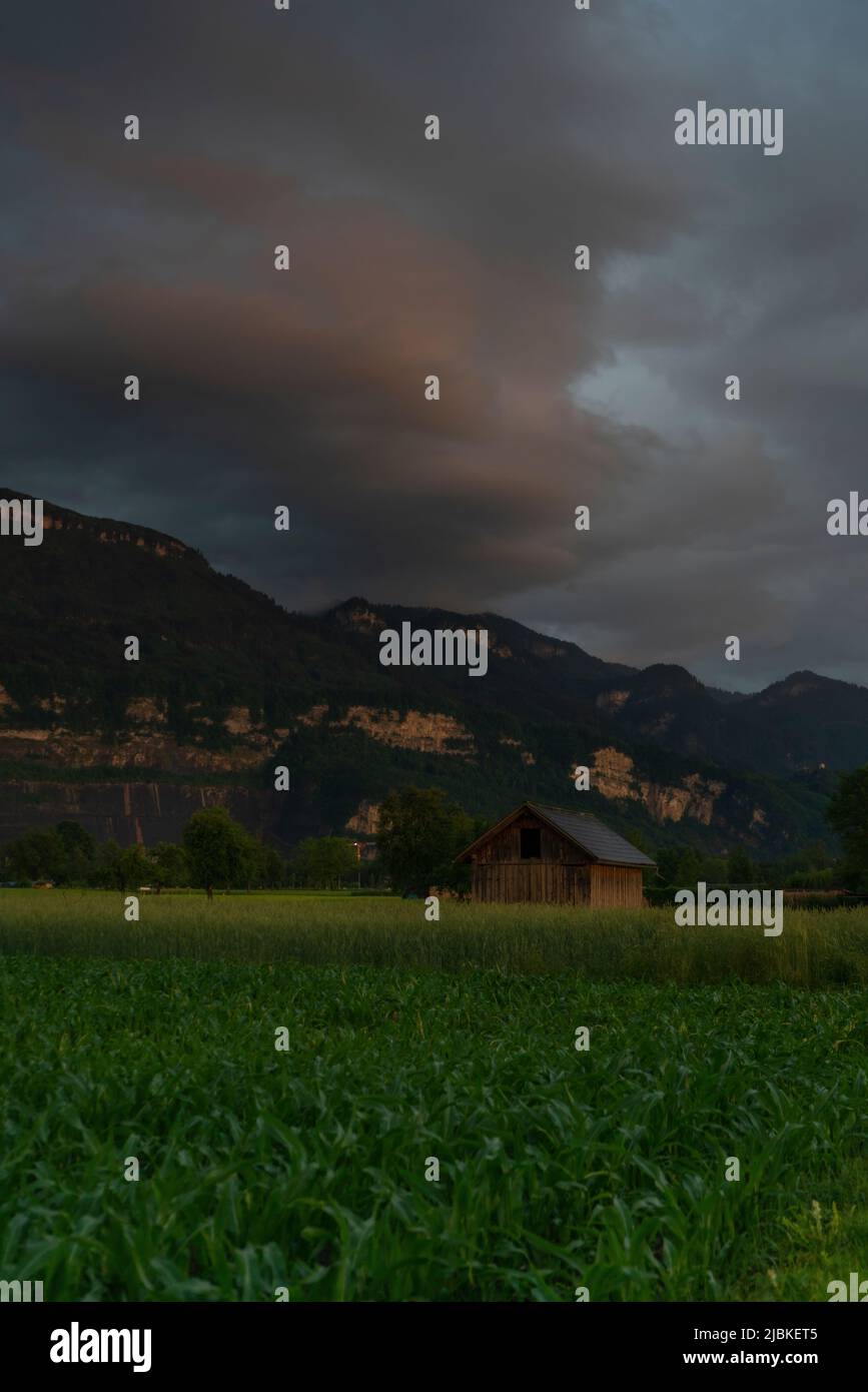 Dämmerung nach dem Sonnenuntergang in Dornbirn, Vorarlberg, Österreich. Tolle Stimmung mit interessanteren graublau Wolken, grünen Wiesen und Haus Stockfoto