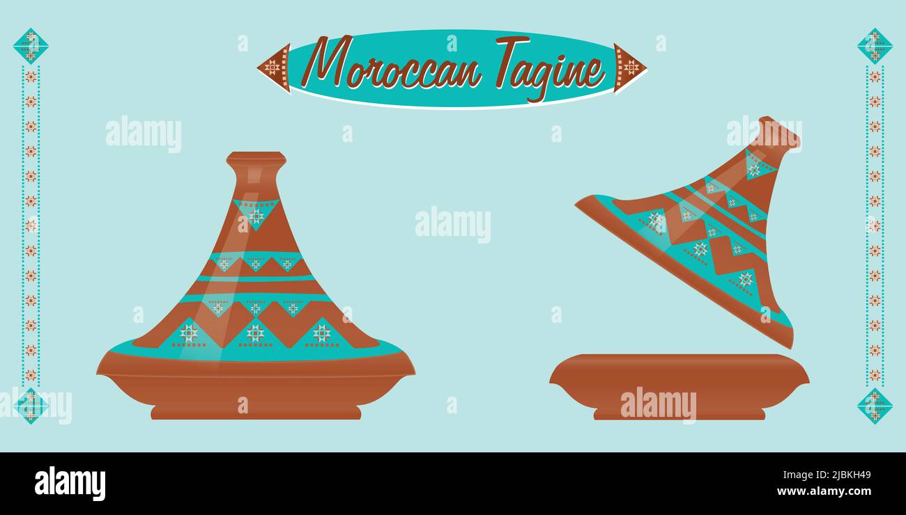 Marokkanische Tagine (Keramikkrug). Tajine ist eines der berühmtesten Küchenutensilien der Welt. Marokkanisches Gericht. Vektorgrafik. Stock Vektor