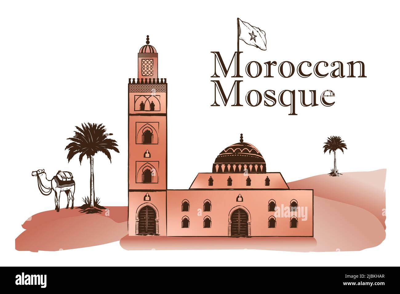 Marokkanische Moschee, Palmen, Kamel, sahara-Dünen. Vektor-Bild. Isolierte touristische Postkarte, Poster, Kalender Vorlage oder Malbuch Seite Stock Vektor