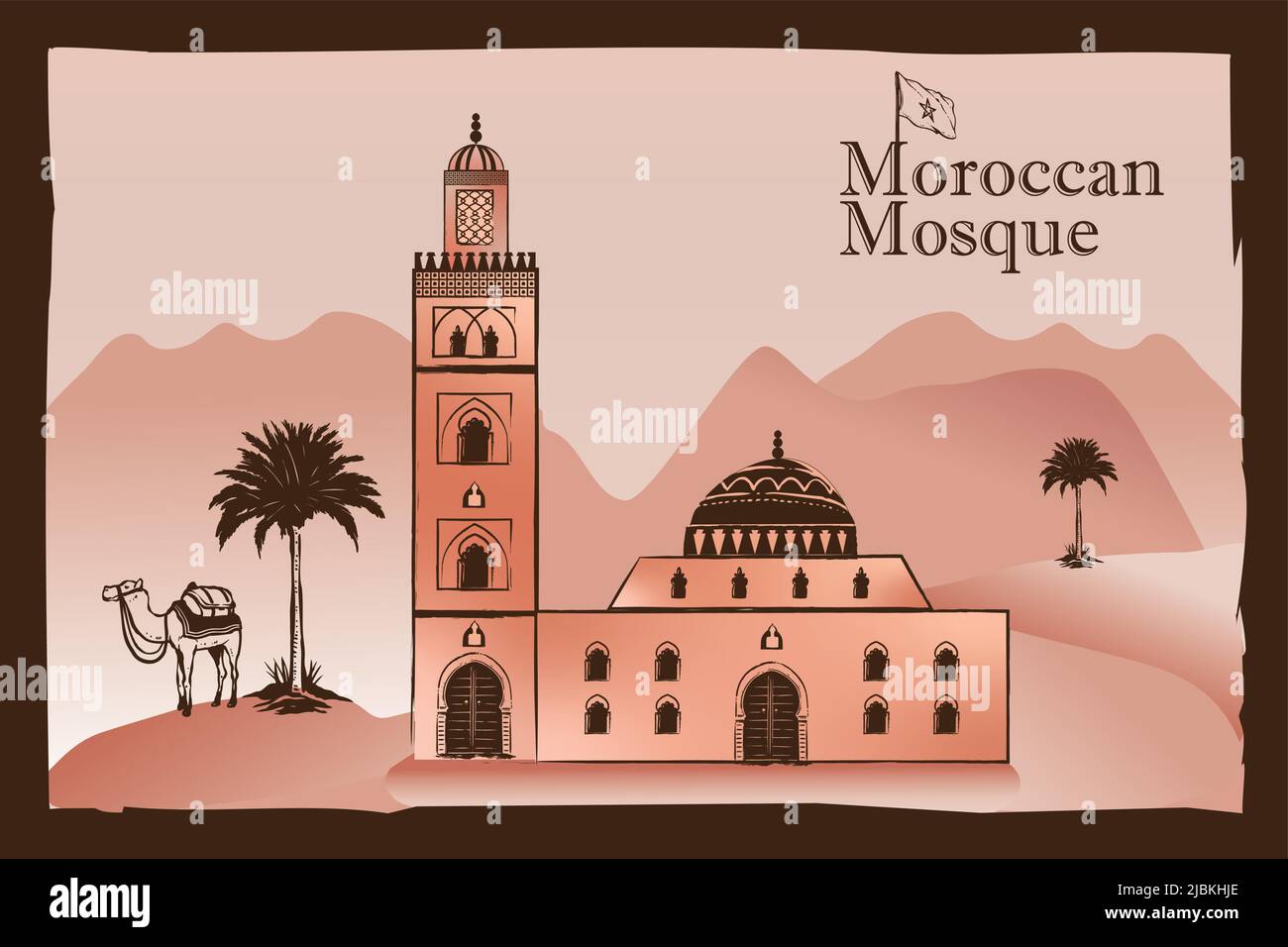 Marokkanische Moschee, Palmen, Kamel, sahara-Dünen. Vektor-Bild. Isolierte touristische Postkarte, Poster, Kalender Vorlage oder Malbuch Seite Stock Vektor