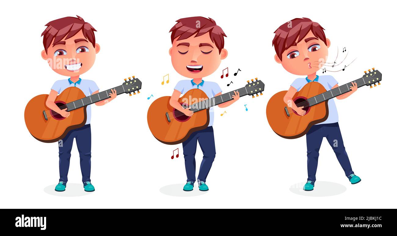 Schüler singen Vektor-Zeichensatz. Junge Charaktere halten und spielen Gitarre isoliert auf weißem Hintergrund für musikalische Schule Aktivität Sammlung. Stock Vektor