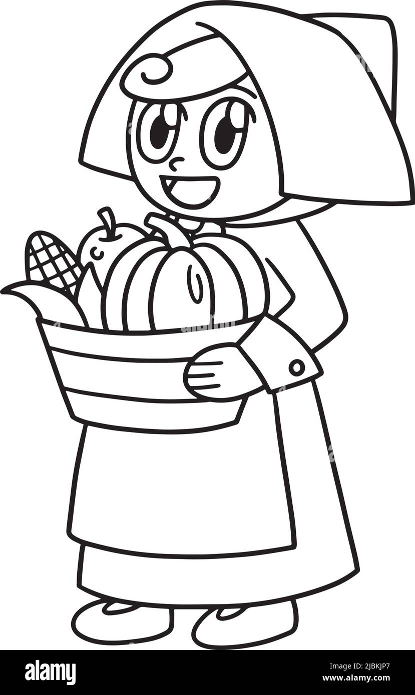 Thanksgiving Pilgrim Girl Isolated Coloring Page Stock Vektor