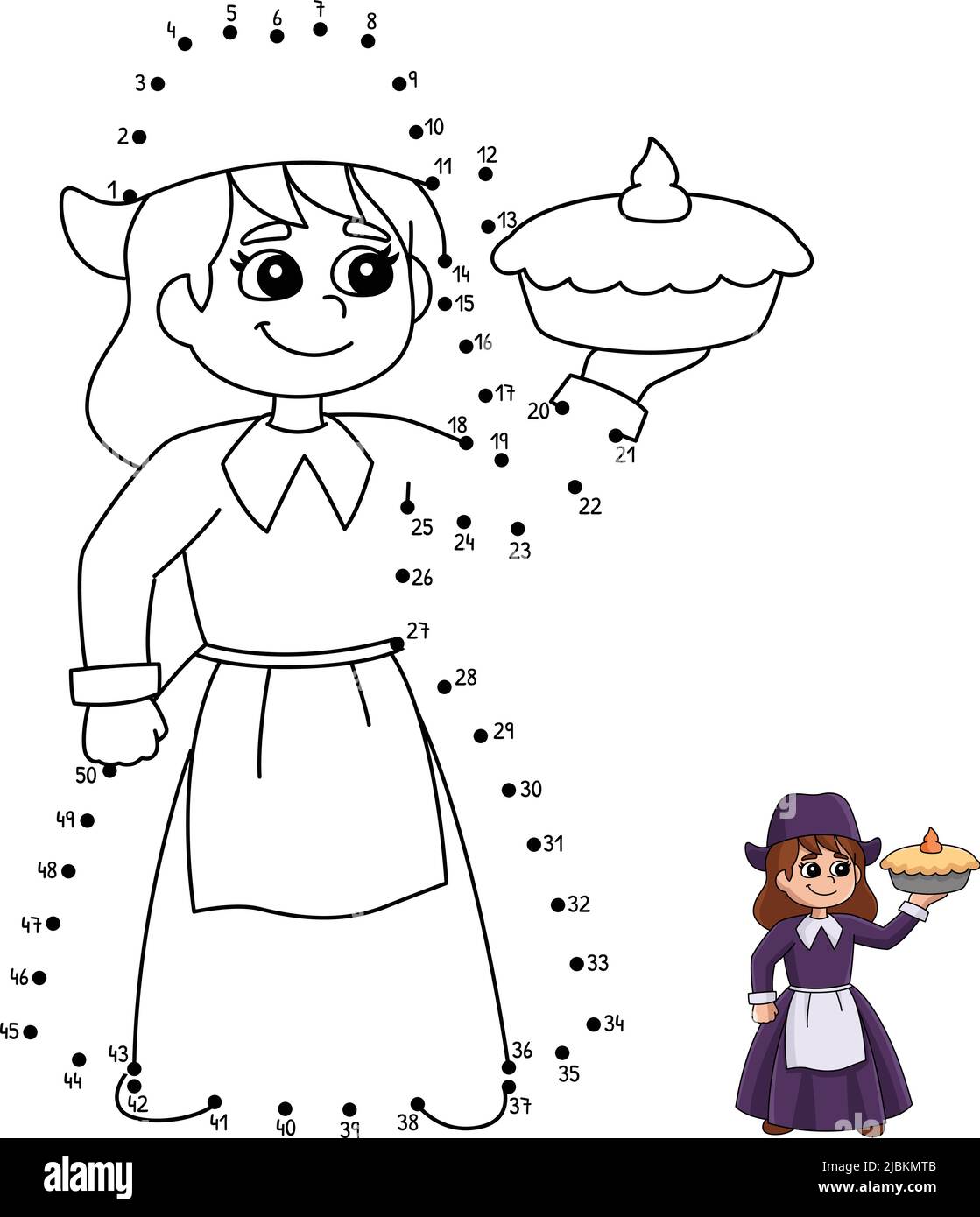 Dot to Dot Thanksgiving Pilgrim Girl Holding Pie Stock Vektor