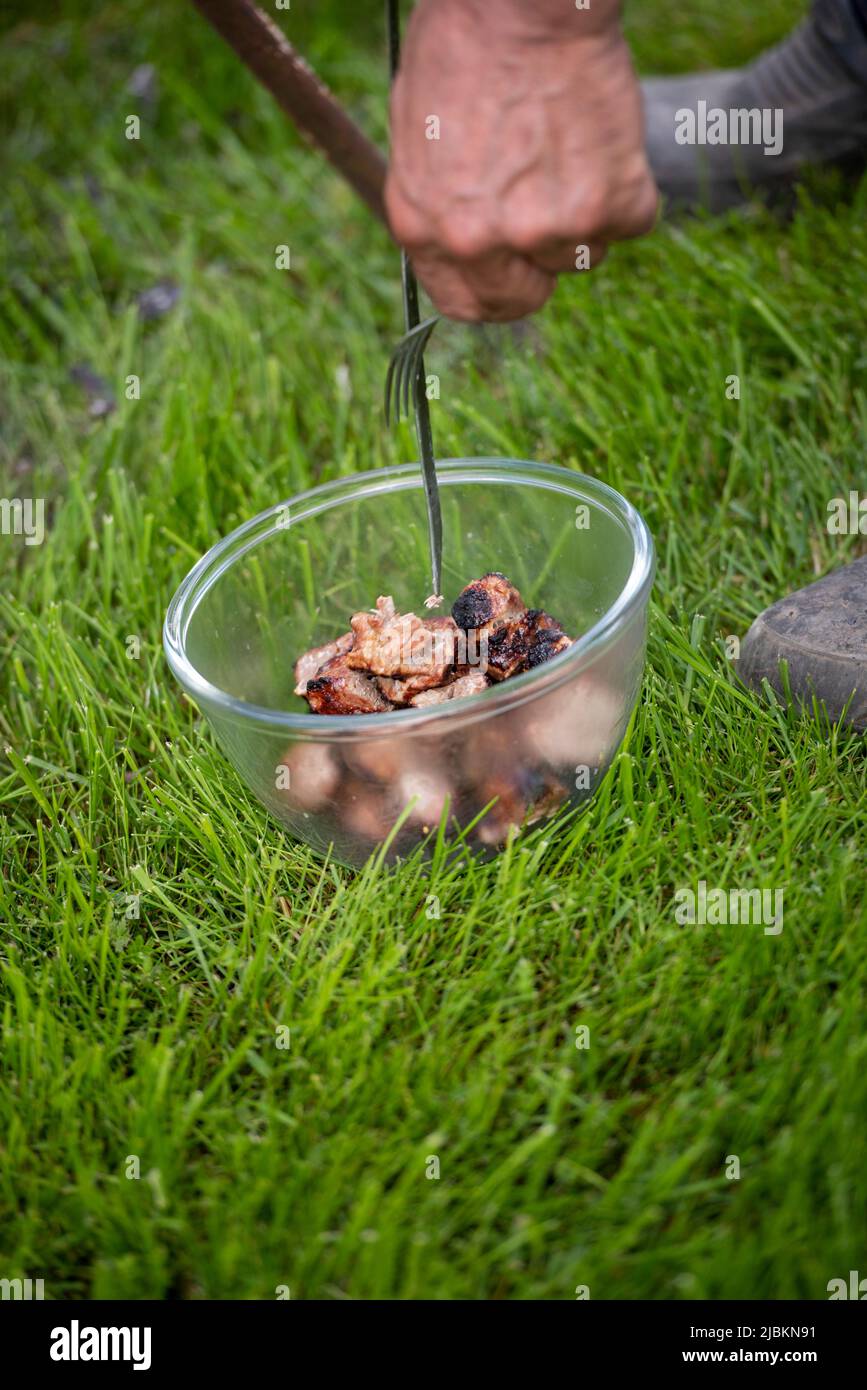 osteuropäische Feste slawische Länder feiern mit traditionellem Essen. Schaschlik Grill. Stockfoto