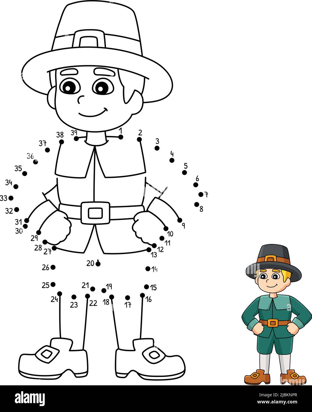 Dot to Dot Thanksgiving Pilgrim Boy Coloring Page Stock Vektor