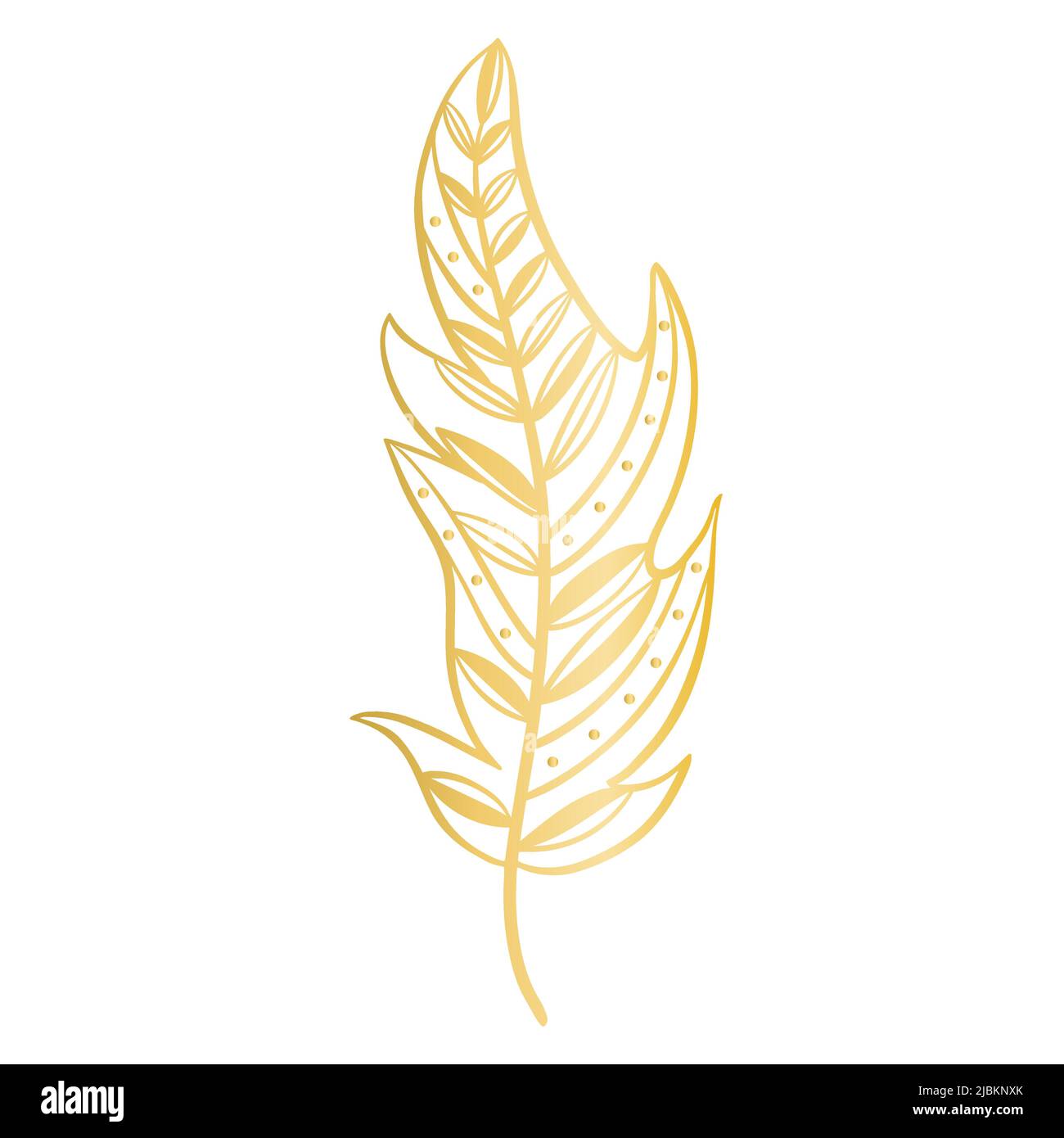 Luxuriöse goldene Feder mit Linie und Punkten isoliert Vektor-Illustration verziert. Boho Dekoration Symbol. Handgezeichnetes Design-Element aus Gold Stock Vektor