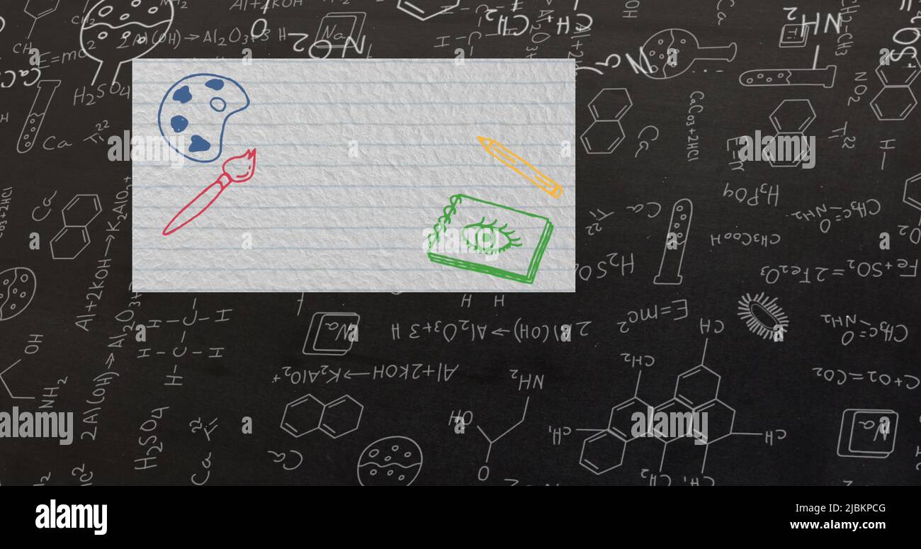 Bild von Bildungs- und Schulikonen mit Kopieplatz auf gezeichtem Papier über wissenschaftlichen Zeichnungen Stockfoto