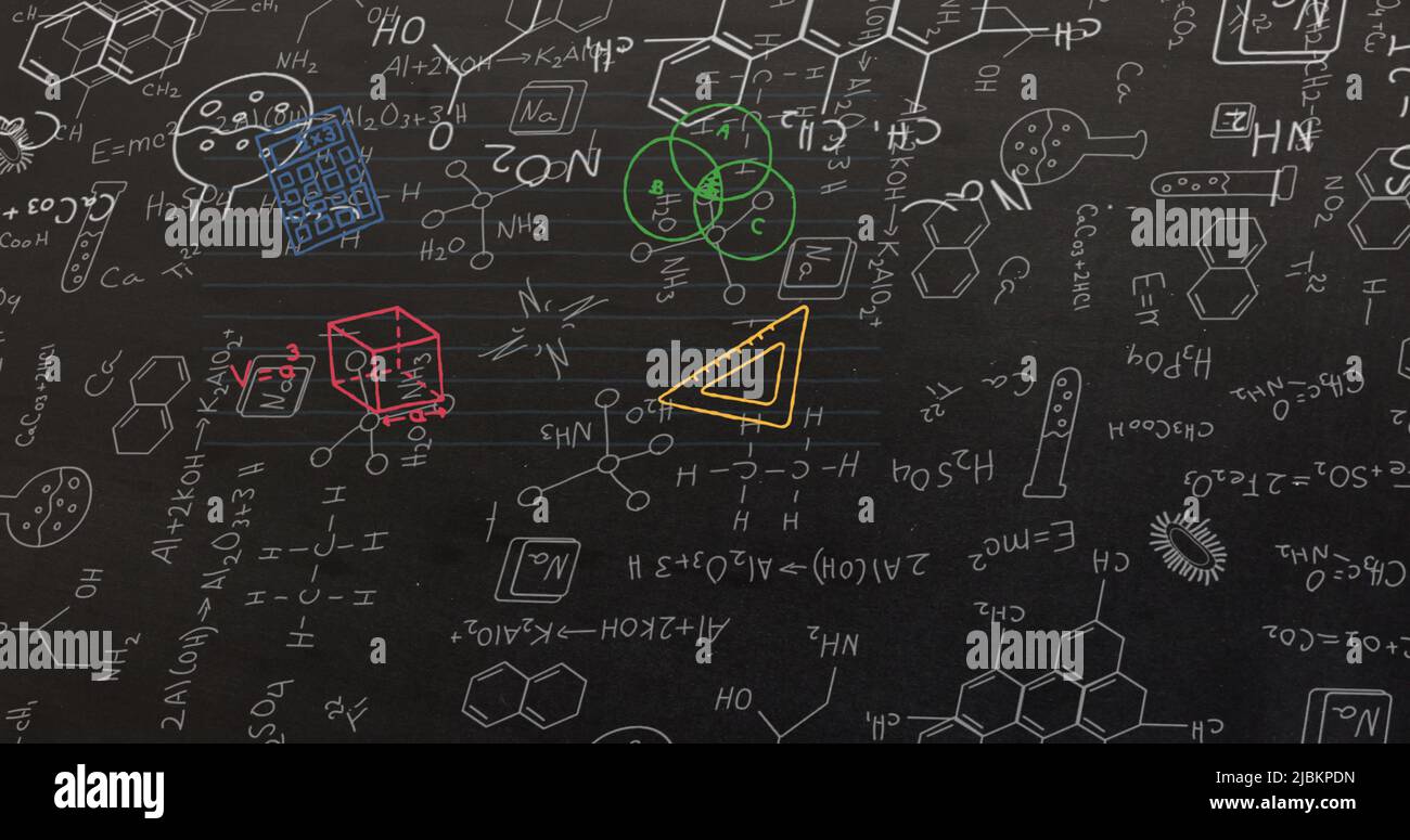 Abbildung von Molekülen und Chemie-Symbolen mit Symbolen für Schulsachen auf schwarzem Hintergrund Stockfoto