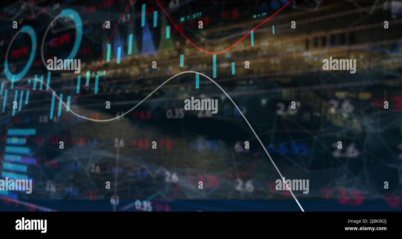 Bild von Finanzdaten und Grafiken über dem Stadtbild Stockfoto