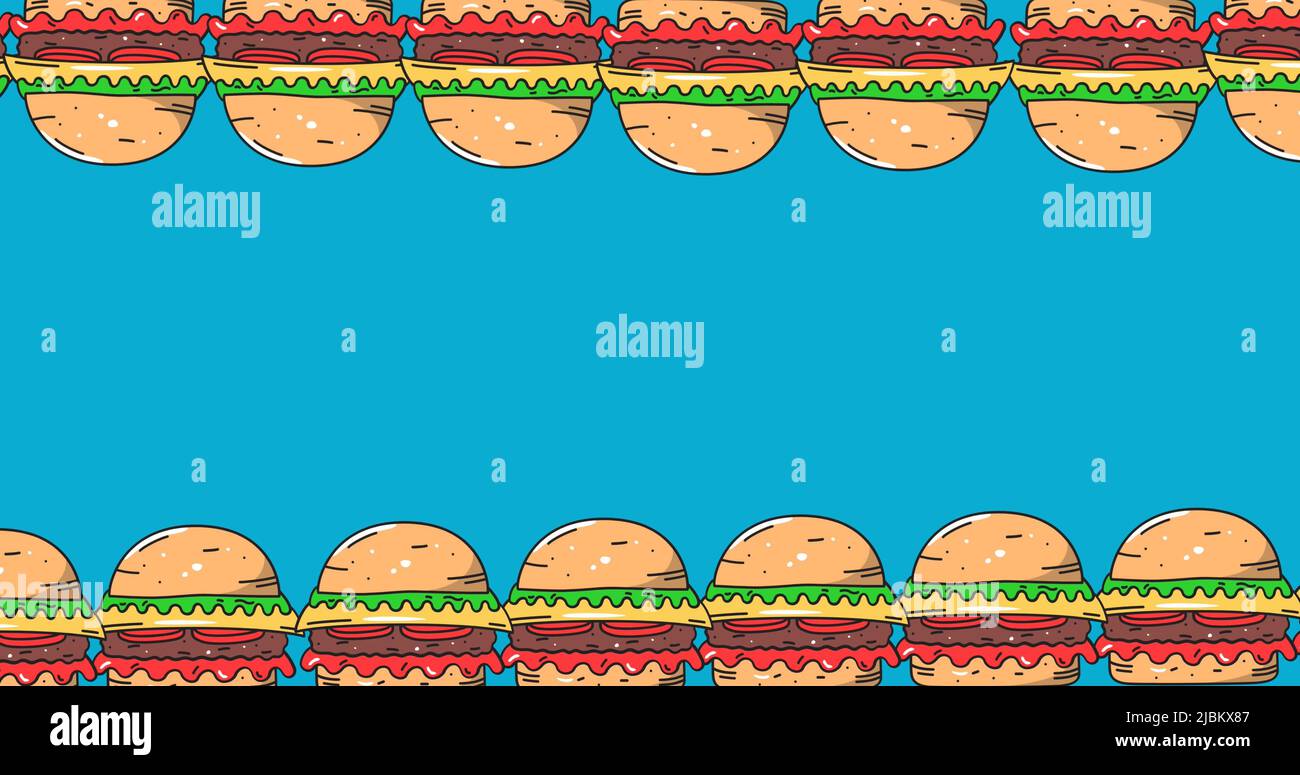 Abbildung von zwei Reihen von Cheeseburgern, die sich oben und unten auf blauem Hintergrund bewegen Stockfoto