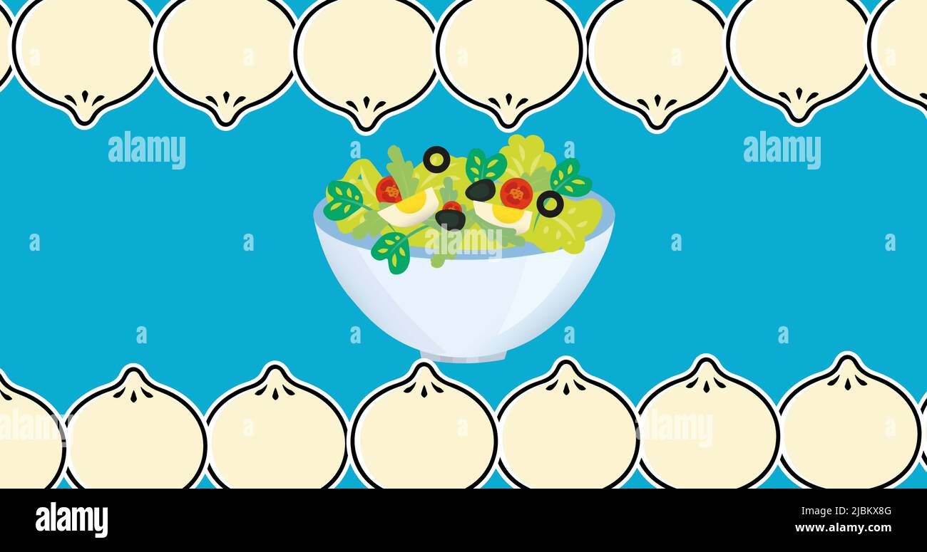 Bild einer Schüssel mit Eiersalat Zwiebeln und Reihen von Zwiebeln bewegen sich oben und unten auf blauem Hintergrund Stockfoto