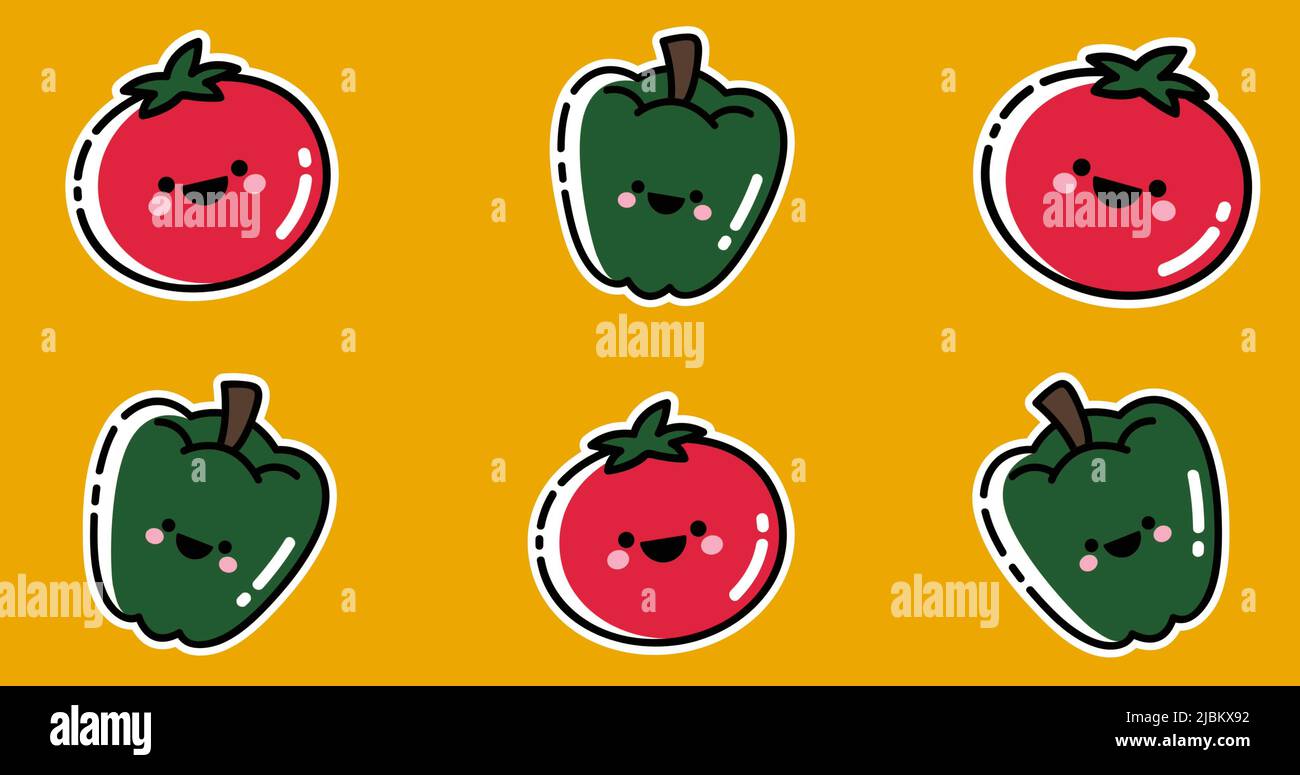 Bild von lächelnden roten Tomaten und grünen Paprika bewegen sich nach oben auf gelbem Hintergrund Stockfoto